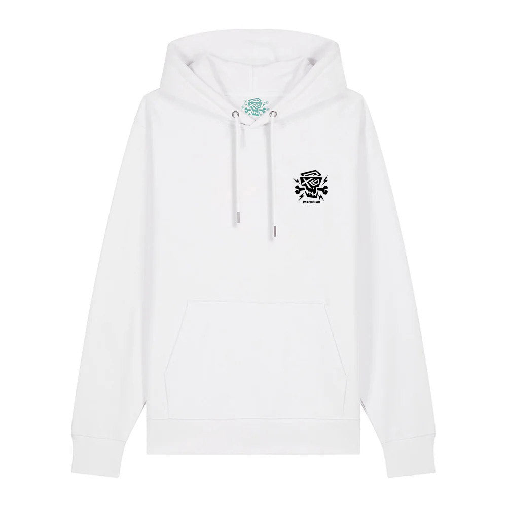 Vorderansicht des Hoodie Eagle White von PsychoLab, schlichtes Design mit kleinem Logo, perfekt kombinierbar und unangepasst.