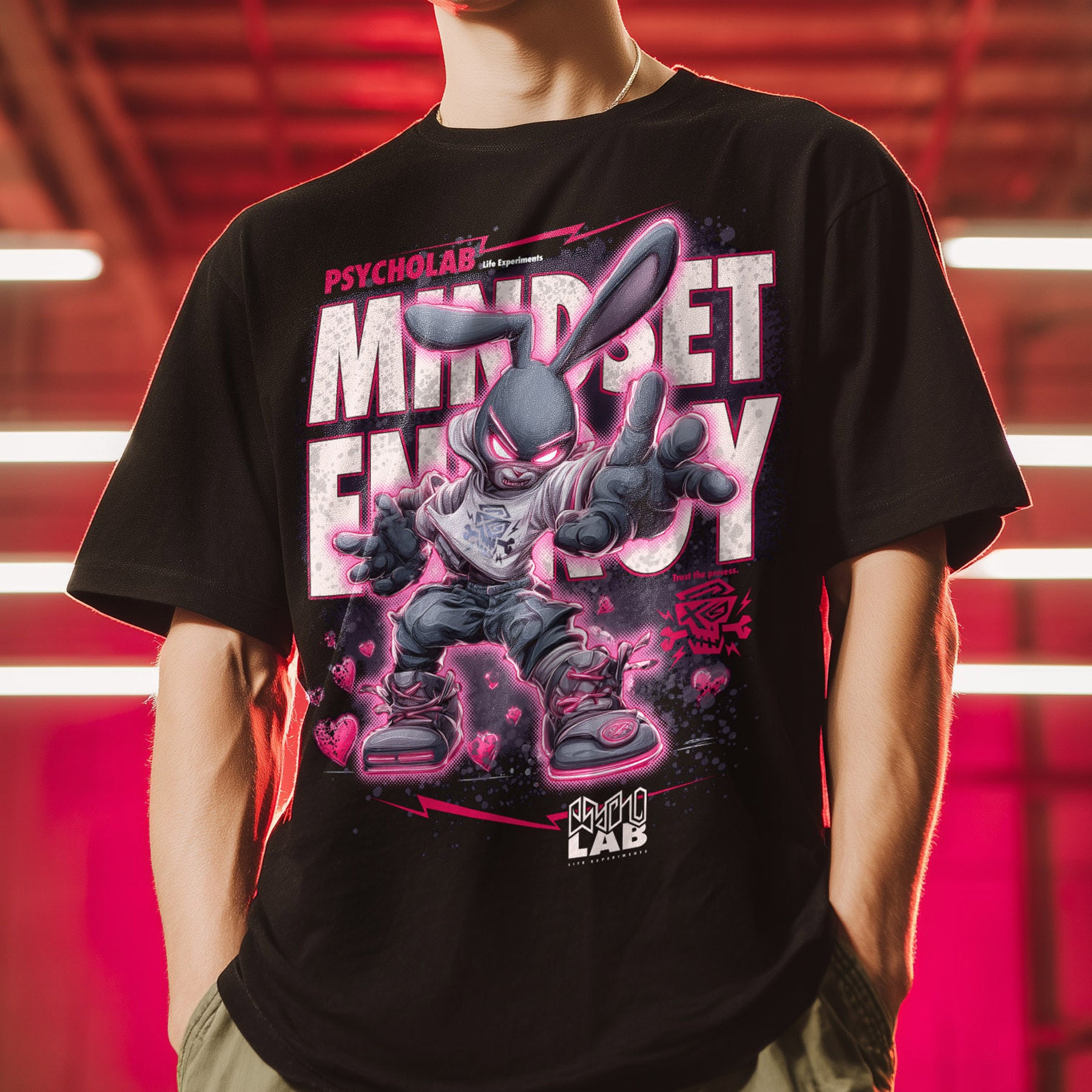 Rab Bit Streetwear T-Shirt Black – Neon Graffiti Statement