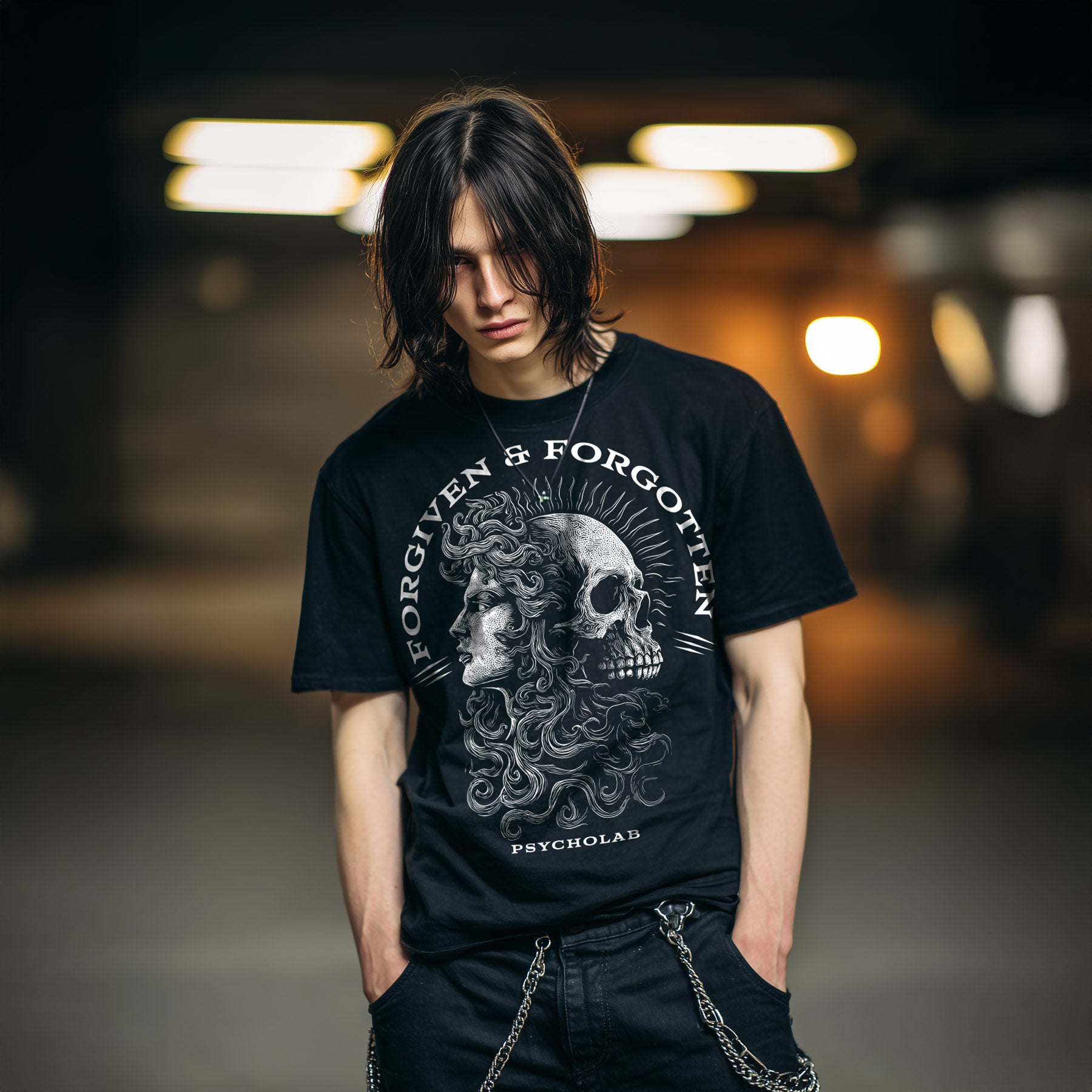 Forgiven Black Streetwear T-Shirt – Skull & Woman Artwork