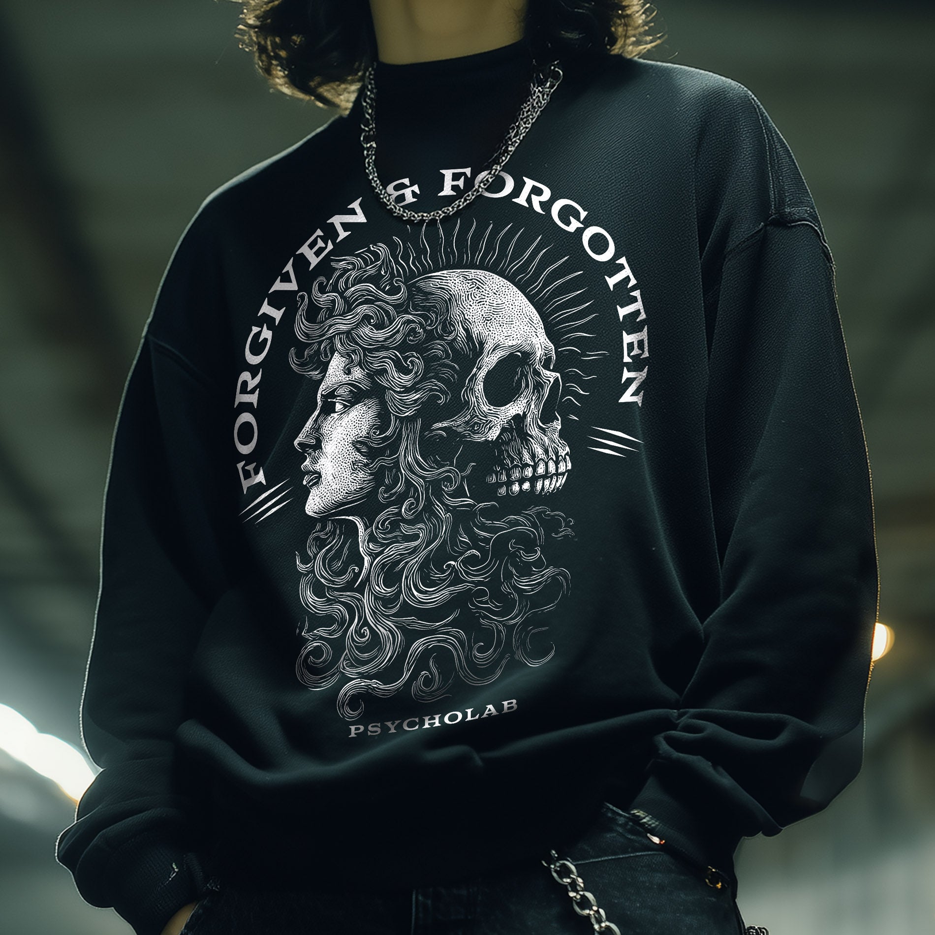 Forgiven Sweatshirt Black – Skull & Woman Dark-Art Statement
