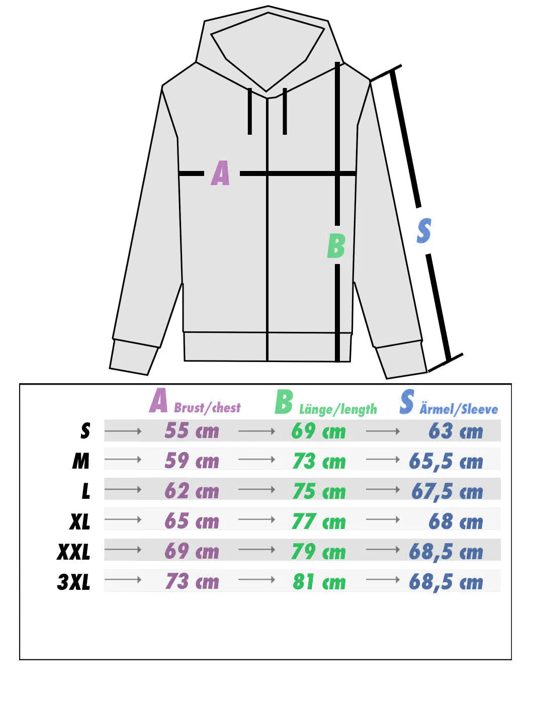 Größentabelle für den Zip Hoodie Academy White von PsychoLab, zeigt Maße für Brust, Länge und Ärmel für verschiedene Größen.