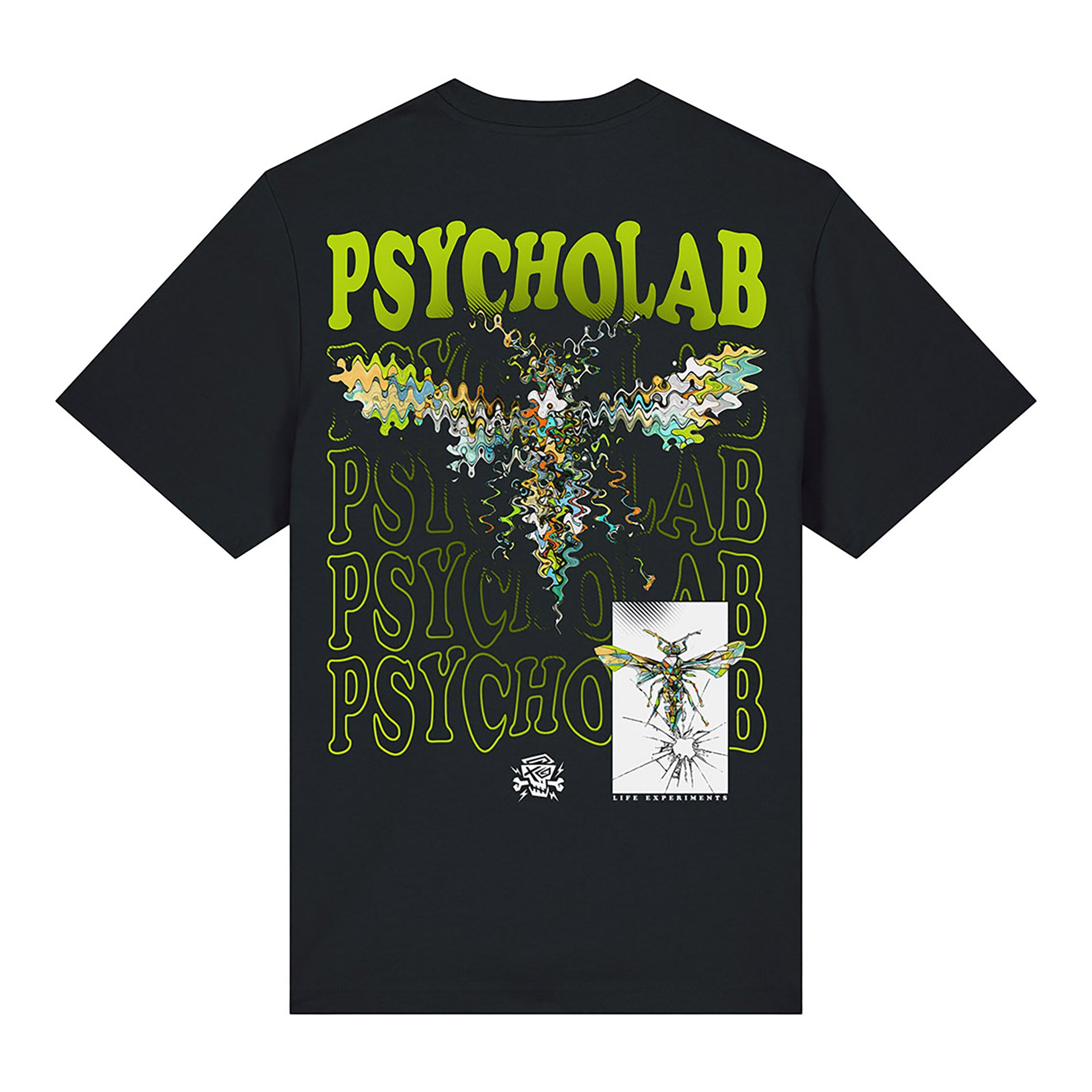 Schwarzes PsychoLab T-Shirt Rückansicht mit anamorphem Design und wiederholtem Logo – auffälliges Grafikdesign