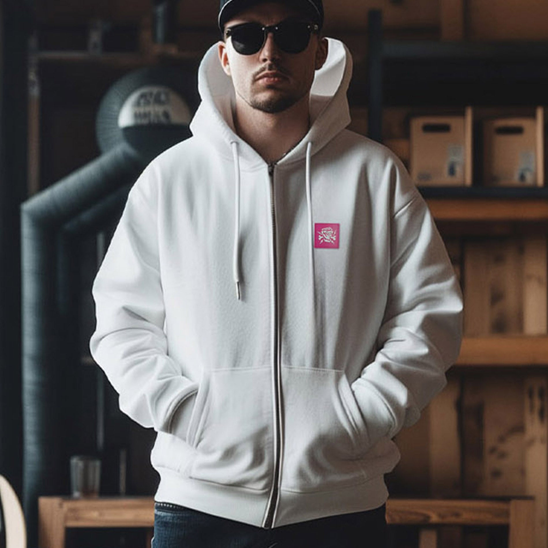 Nahaufnahme des pinken PsychoLab-Logos auf weißem Zip-Hoodie