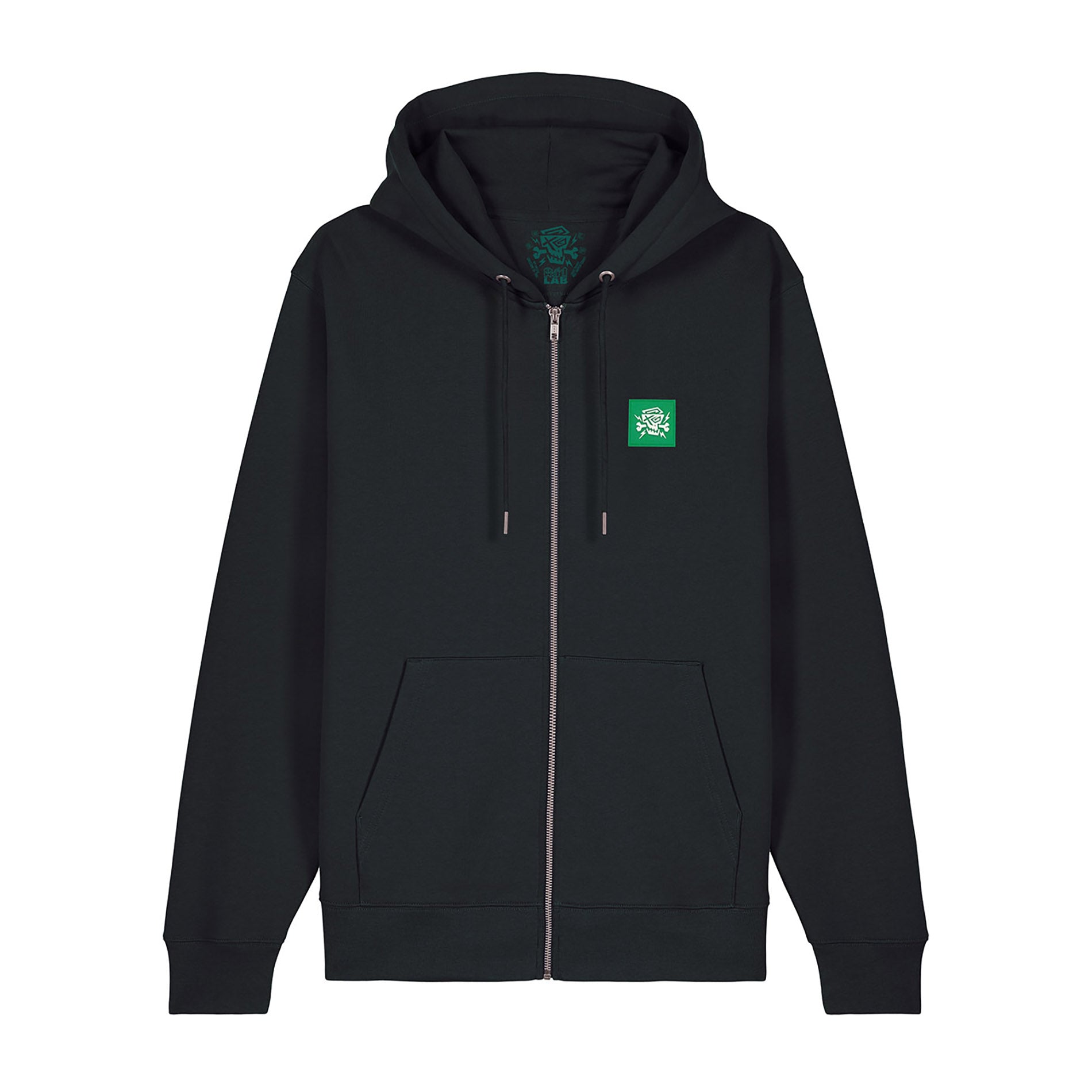 Schwarzer Zip Hoodie Legacy mit grünem PsychoLab Logo auf der Vorderseite