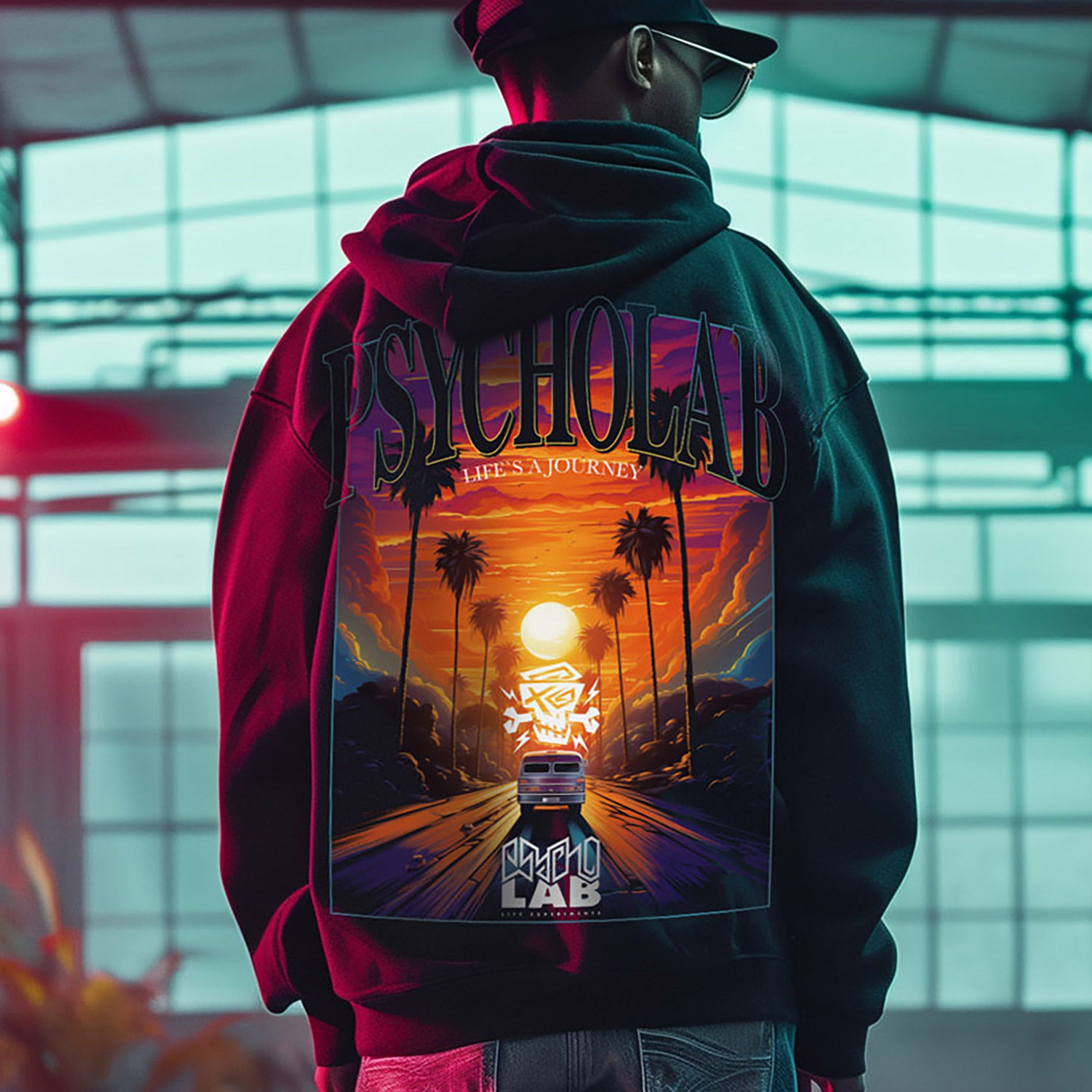 PsychoLab Zip Hoodie mit auffälligem Sonnenuntergang-Design und großem PsychoLab-Schriftzug, getragen von einem Model