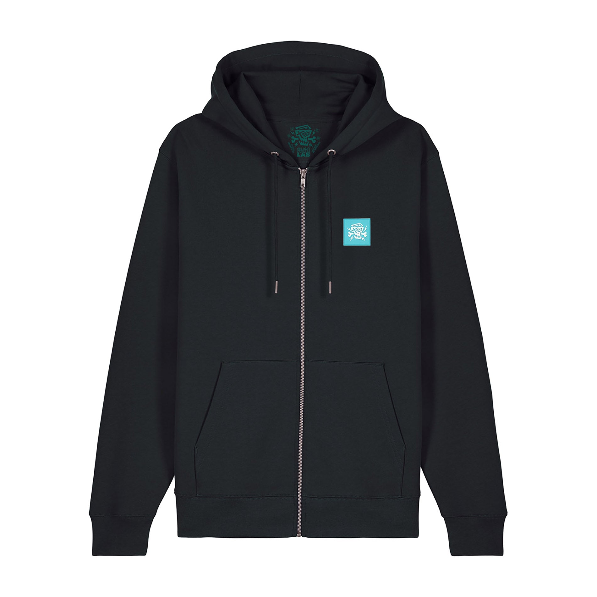 Schwarzer Zip Hoodie mit kleinem PsychoLab-Logo auf der Vorderseite