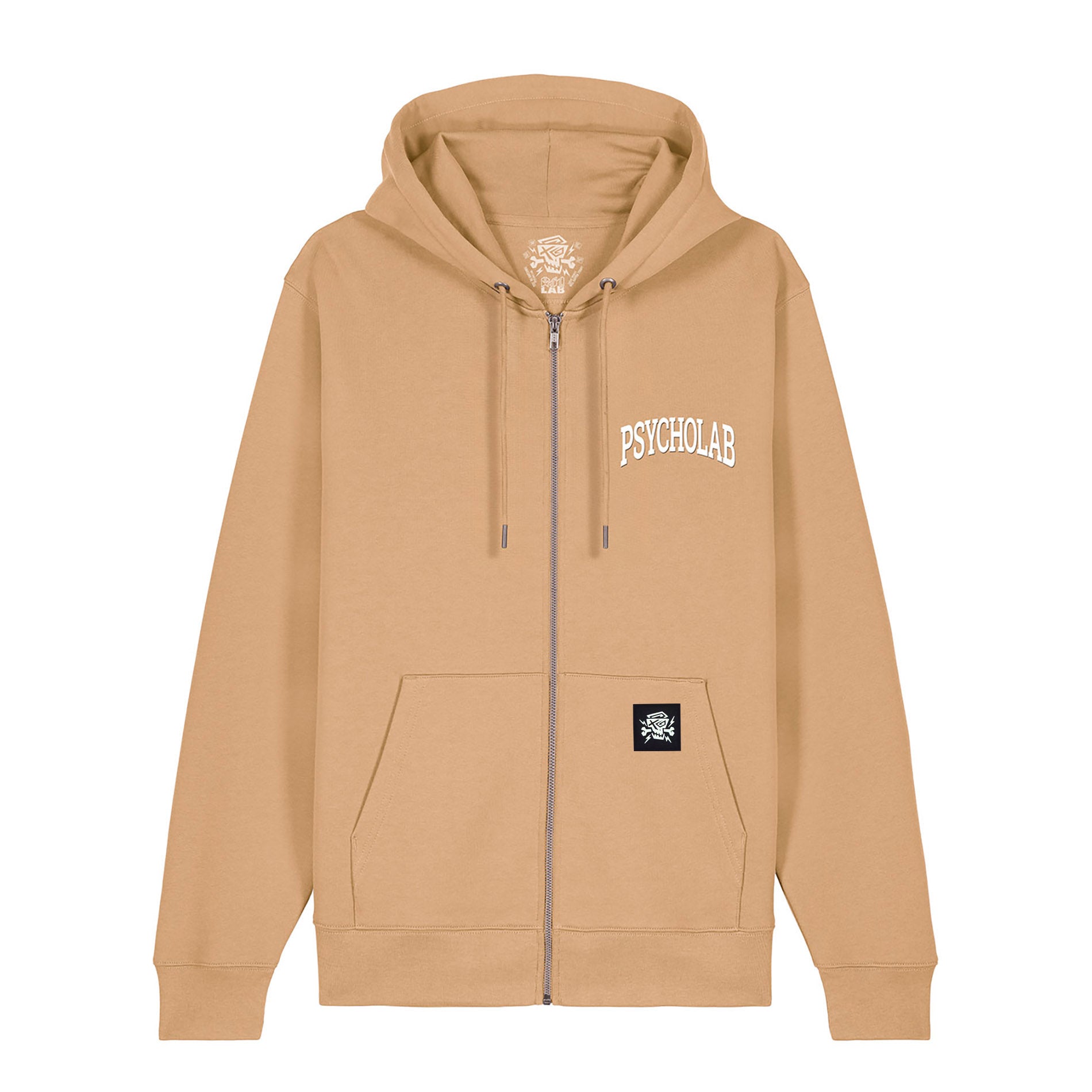 PsychoLab Zip Hoodie Academy lattefarben mit PsychoLab-Logo und Reißverschluss, Streetwear