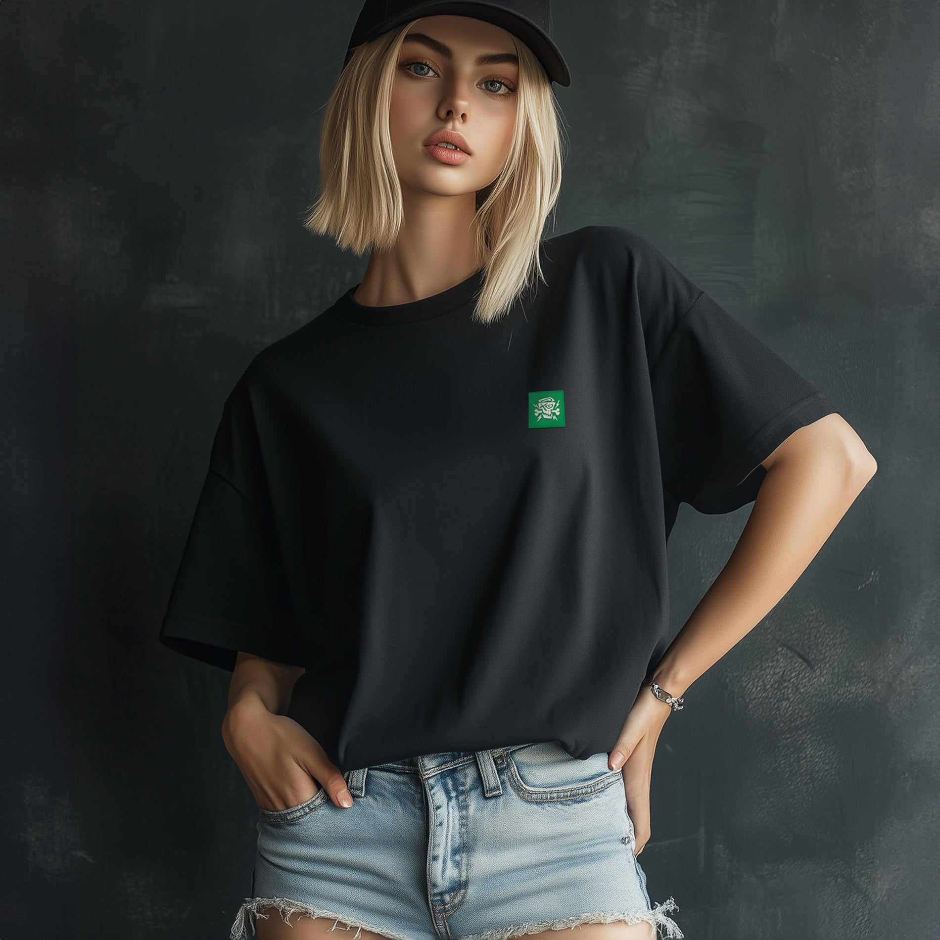 PsychoLab Women Shirt Legacy Schwarz mit kleinem grünem Logo auf Model Damen Streetwear