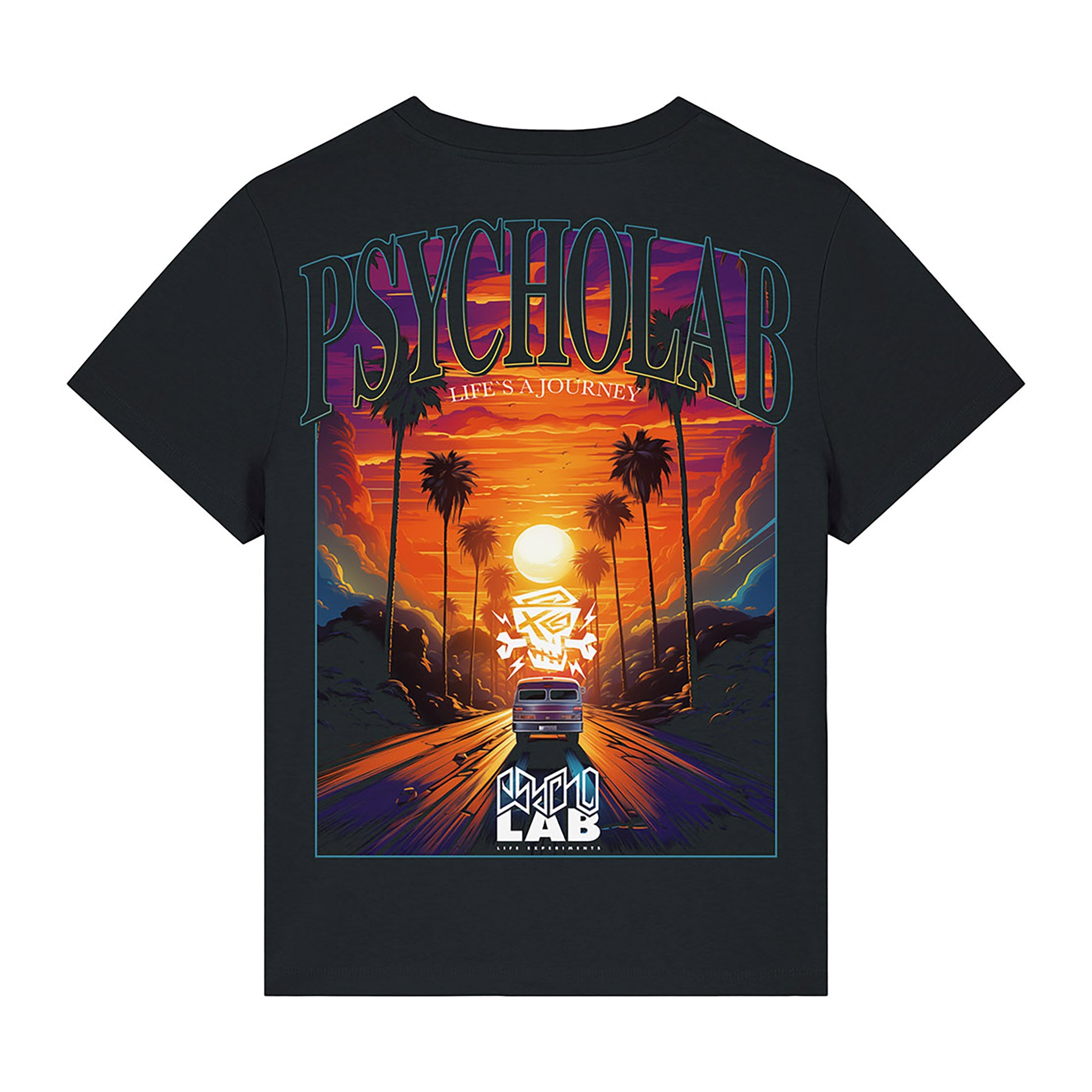 PsychoLab Women Shirt Journey Rückseite mit Roadtrip Grafik und Sonnenuntergang Schwarz Damenmode