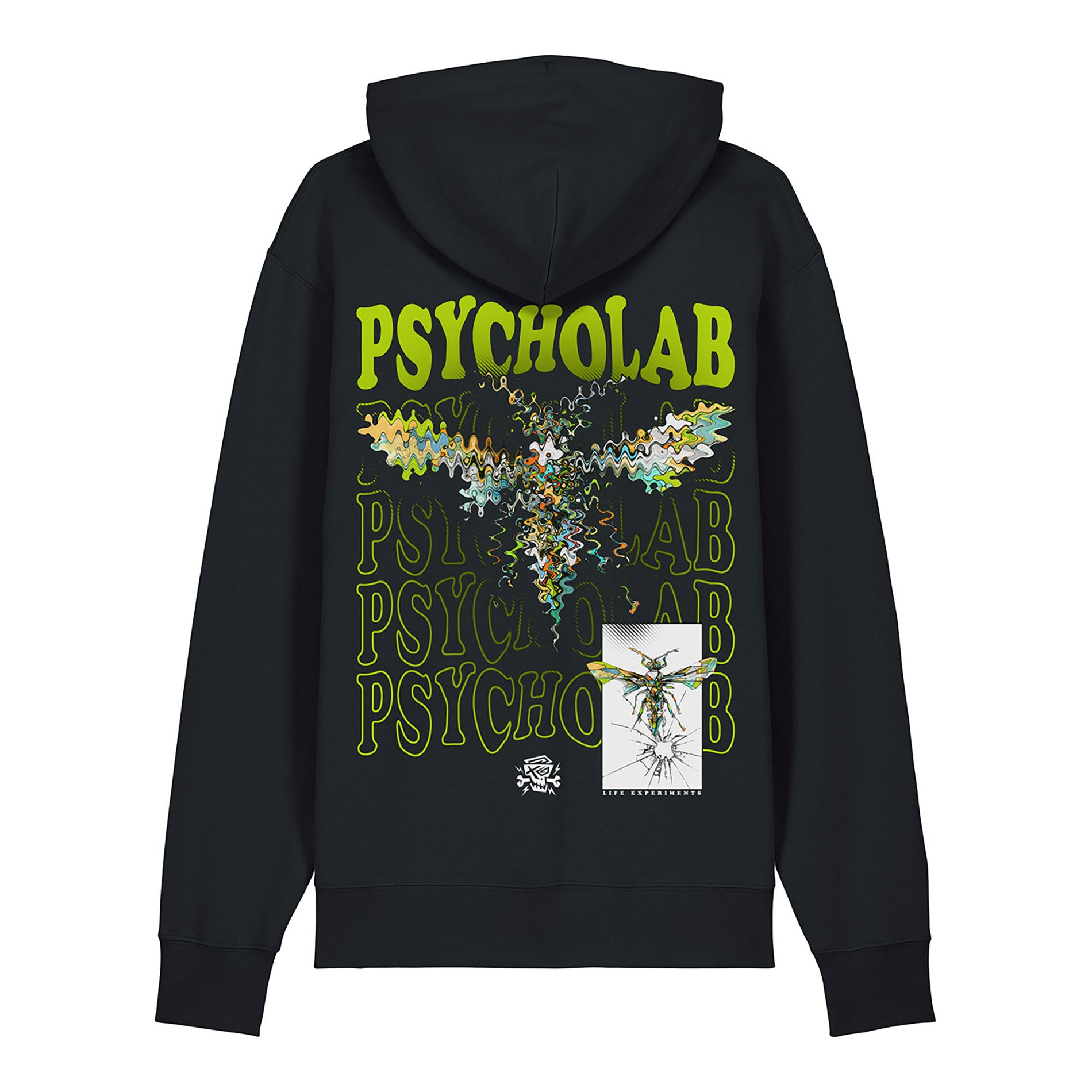 Schwarzer PsychoLab Hoodie mit Anamorphic-Design auf der Rückseite