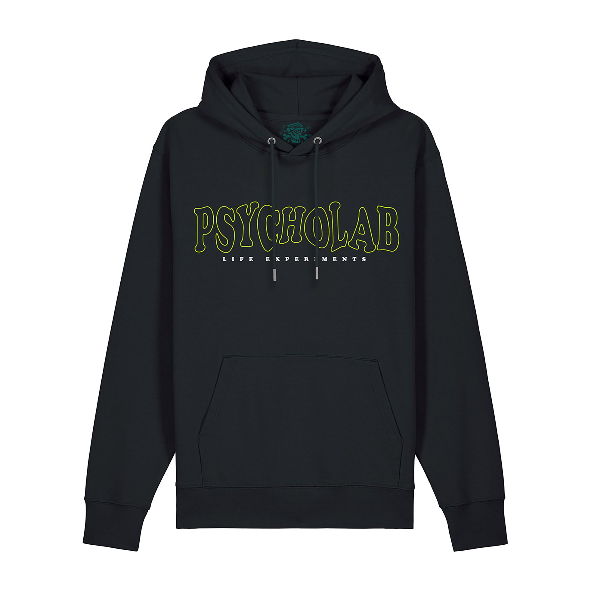 Schwarzer PsychoLab Hoodie mit Anamorphic Life Experiments Schriftzug – Frontansicht