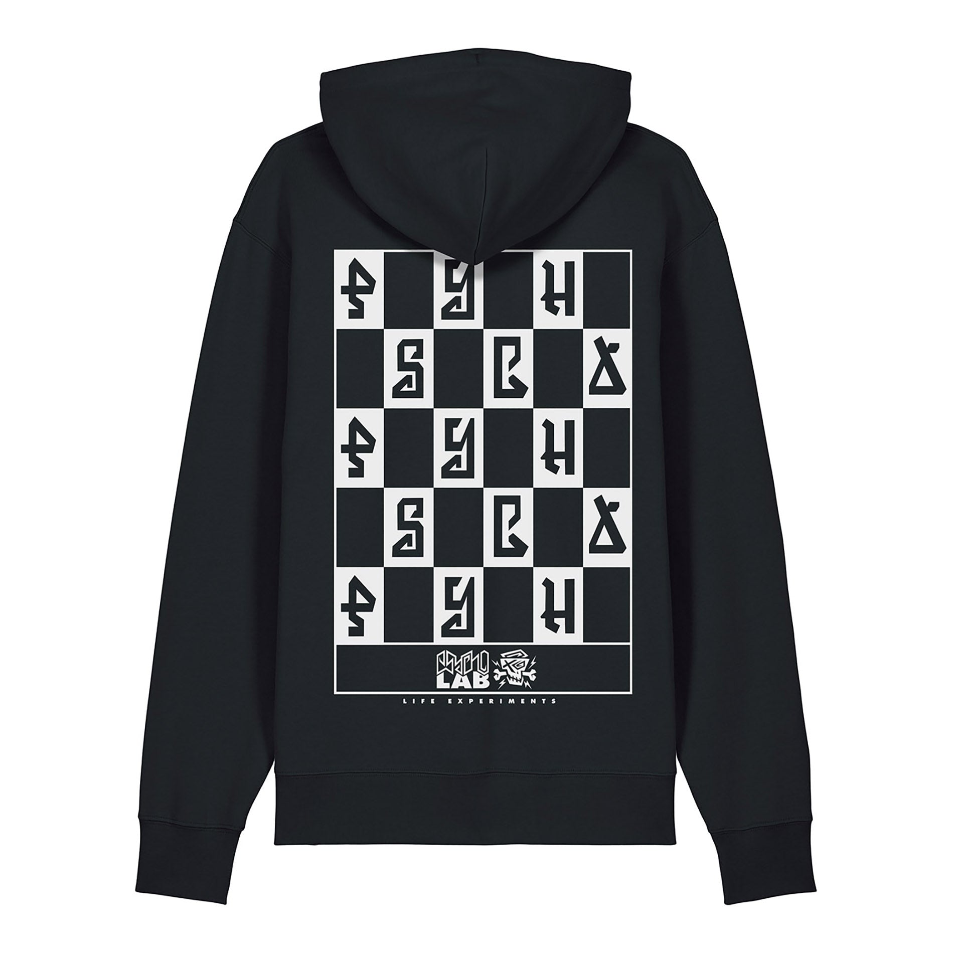 Schwarzer Hoodie mit Schachbrettmuster und PsychoLab-Schriftzug auf dem Rücken