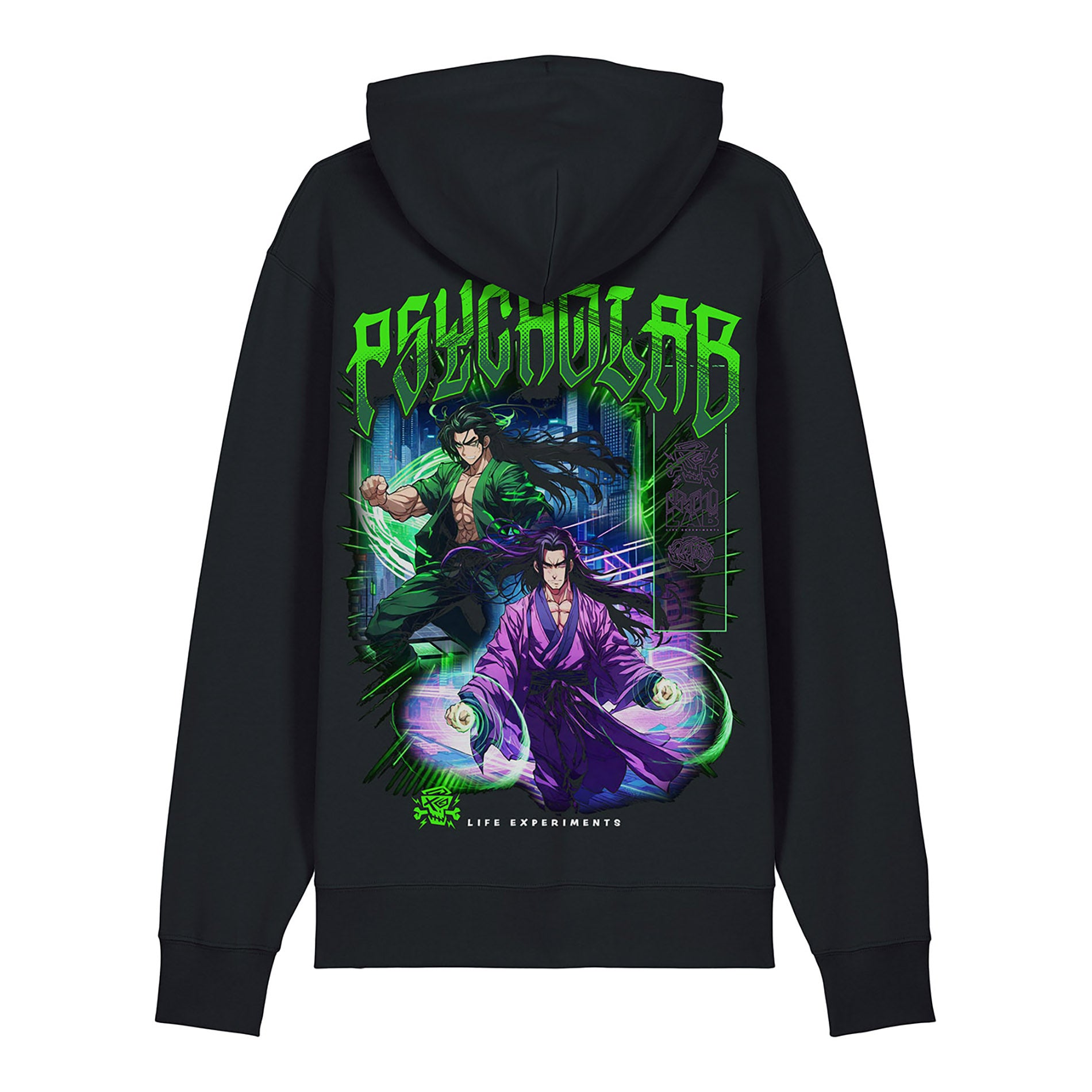 Schwarzer Hoodie mit Anime-inspiriertem Kämpfer-Design und grünem PsychoLab-Schriftzug auf dem Rücken.