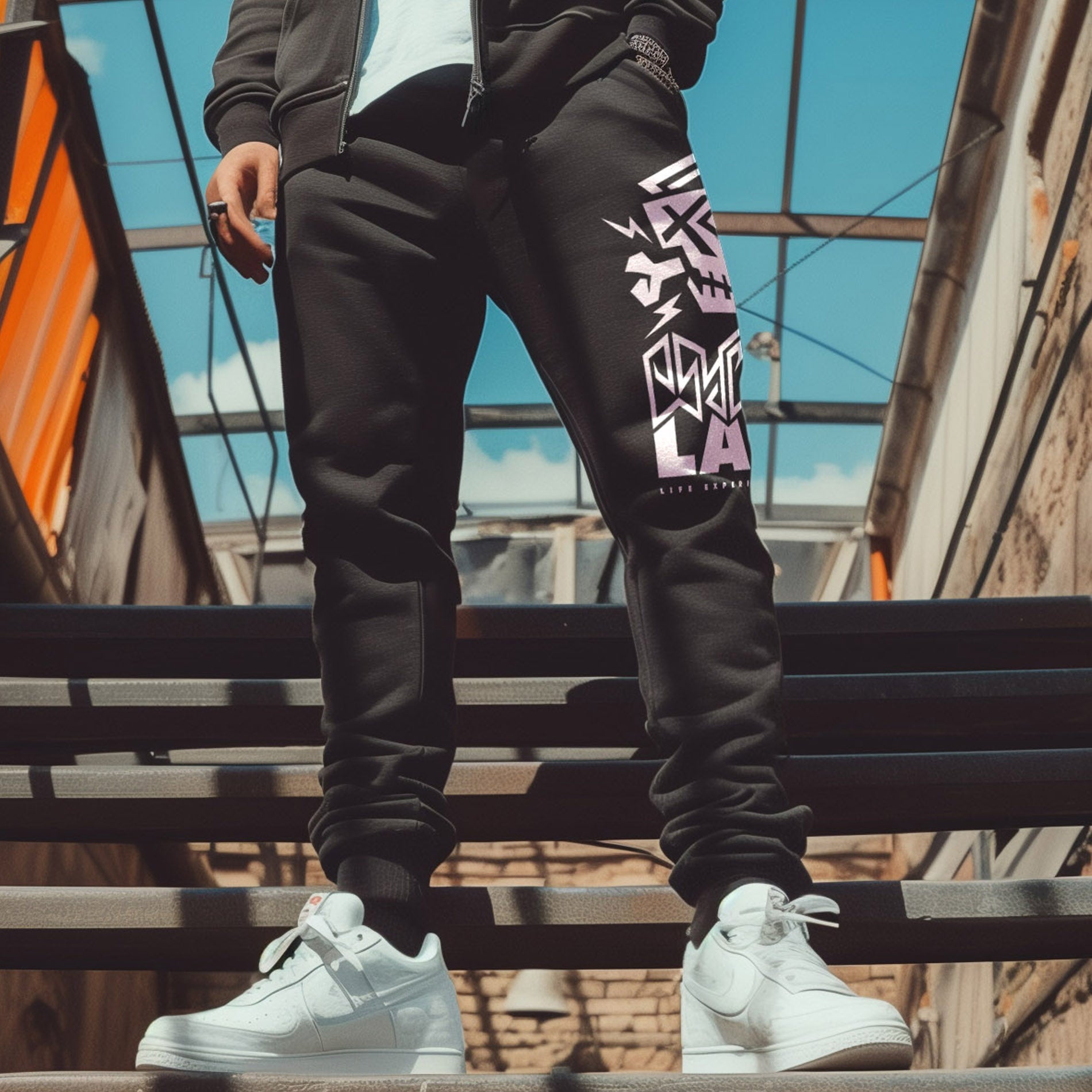 Streetwear-Jogginghose von PsychoLab mit auffälligem weißem Logo, getragen im urbanen Look