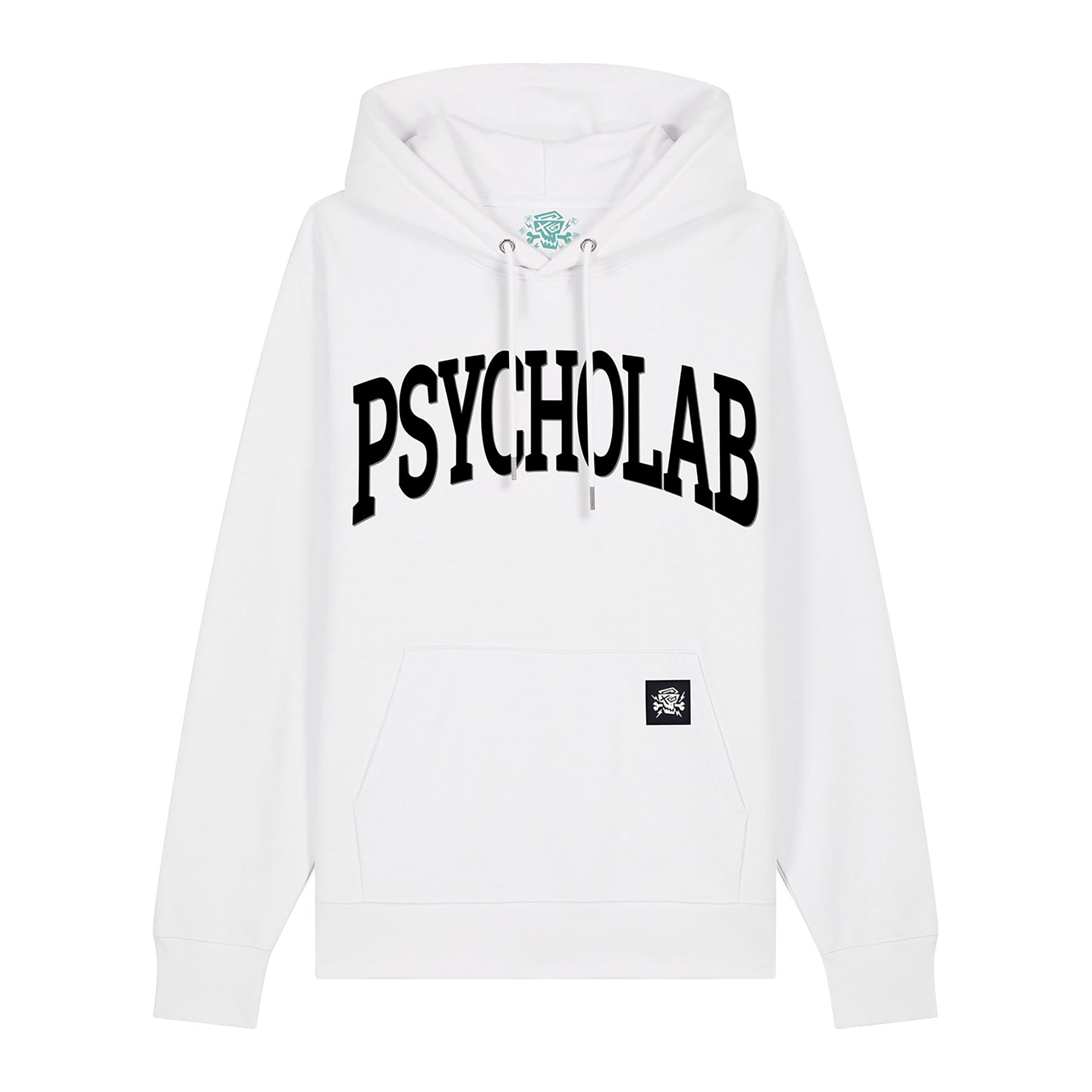 Weißer PsychoLab Hoodie mit großem schwarzen Schriftzug – Academy Design