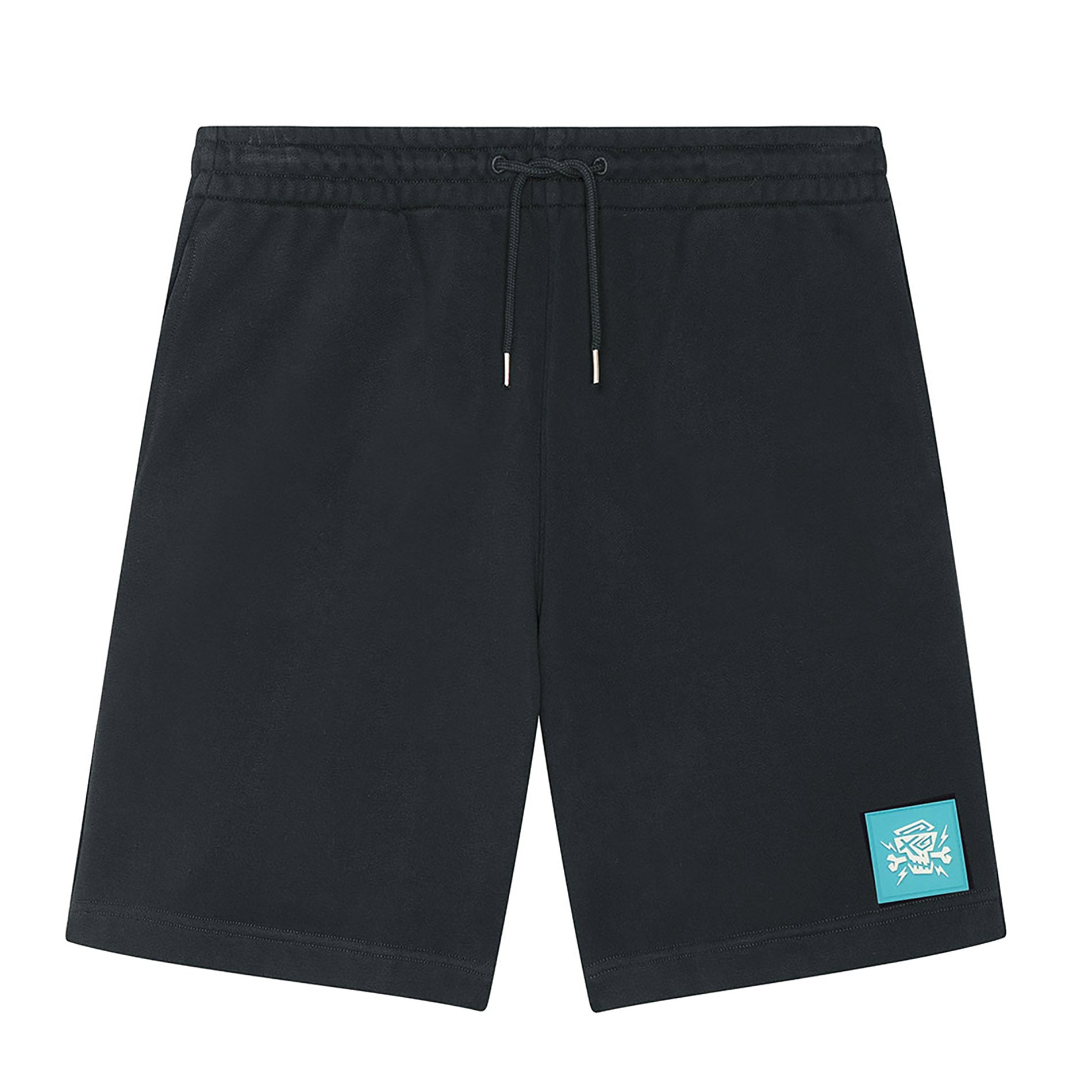 Schwarze PsychoLab Shorts mit blauem Logo Vorderansicht – urbaner Streetwear-Stil.