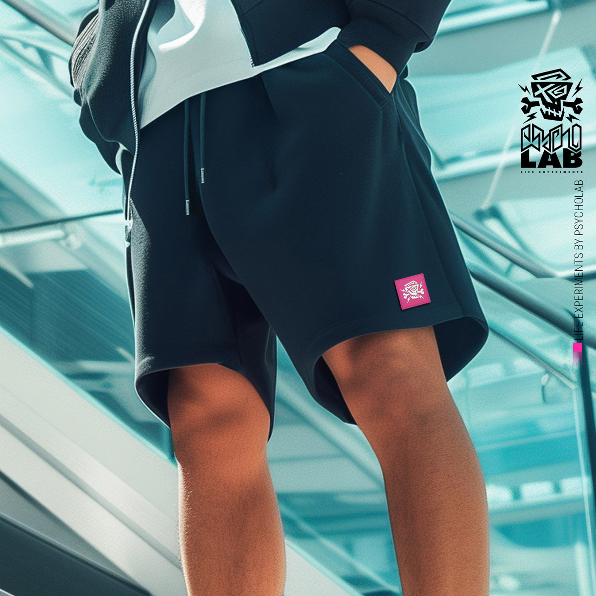 Schwarze PsychoLab Shorts mit pinkem Logo getragen von Model – lässiger und urbaner Style.