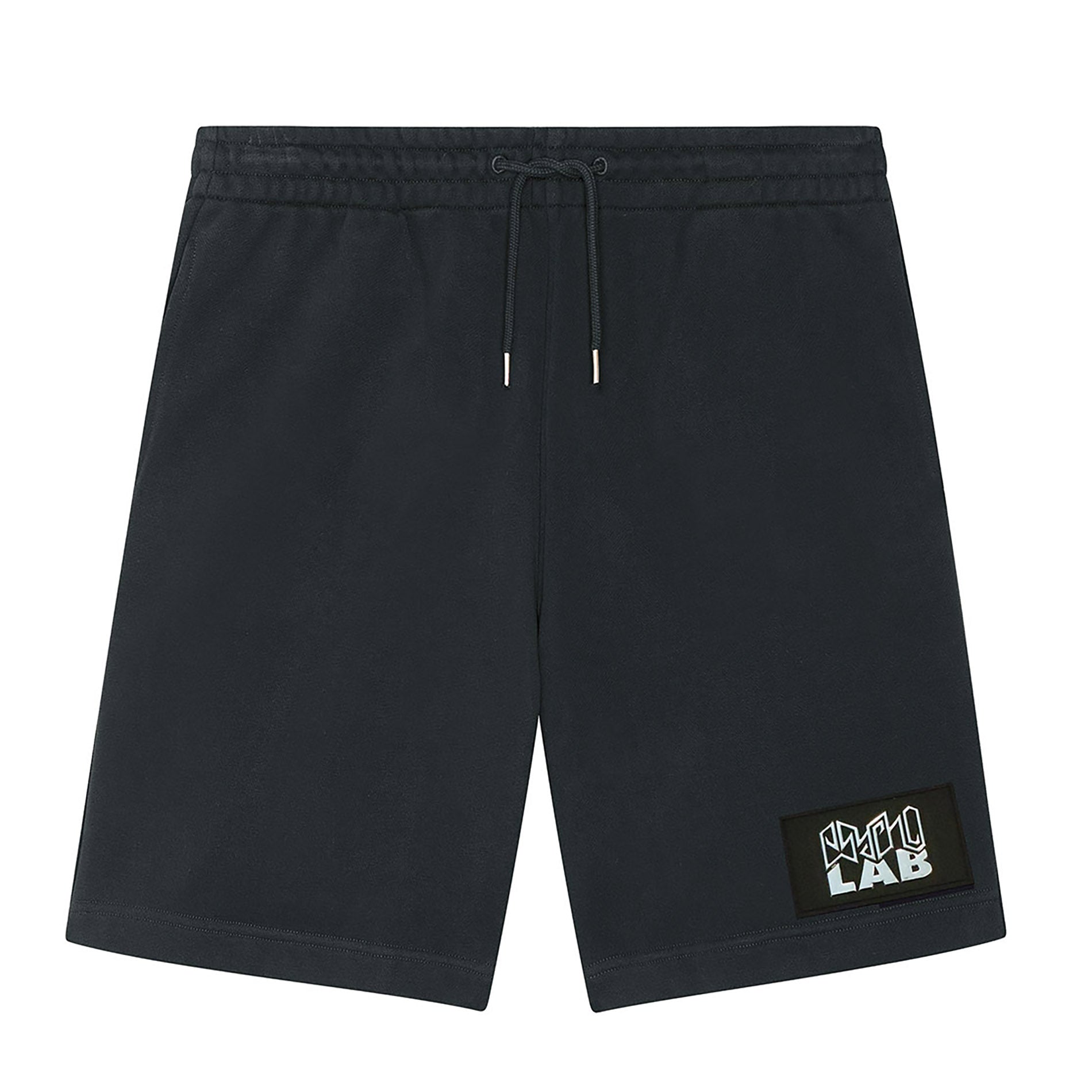 Schwarze PsychoLab Shorts mit Logo Vorderansicht – urbaner Streetwear-Look.