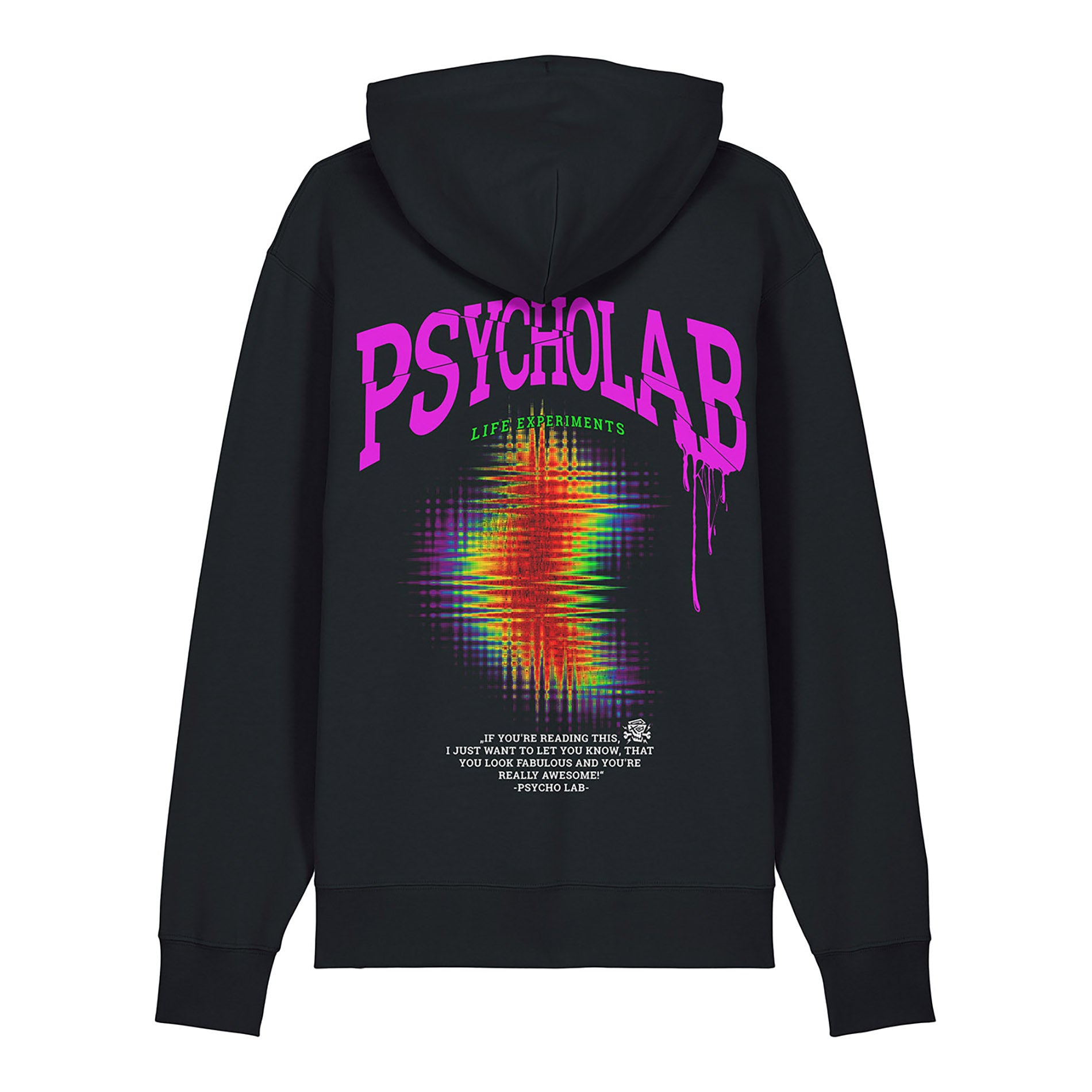 Schwarzer Zip Hoodie PsychoLab mit großem Regenbogen-Glitch-Design und rosa Schriftzug auf der Rückseite