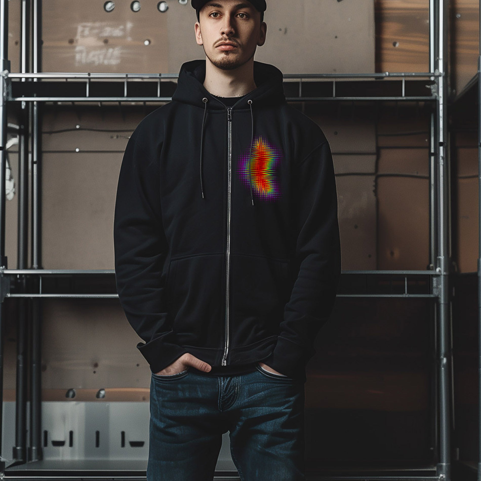 Nahaufnahme des Regenbogen-Glitch-Designs auf schwarzem PsychoLab Zip Hoodie