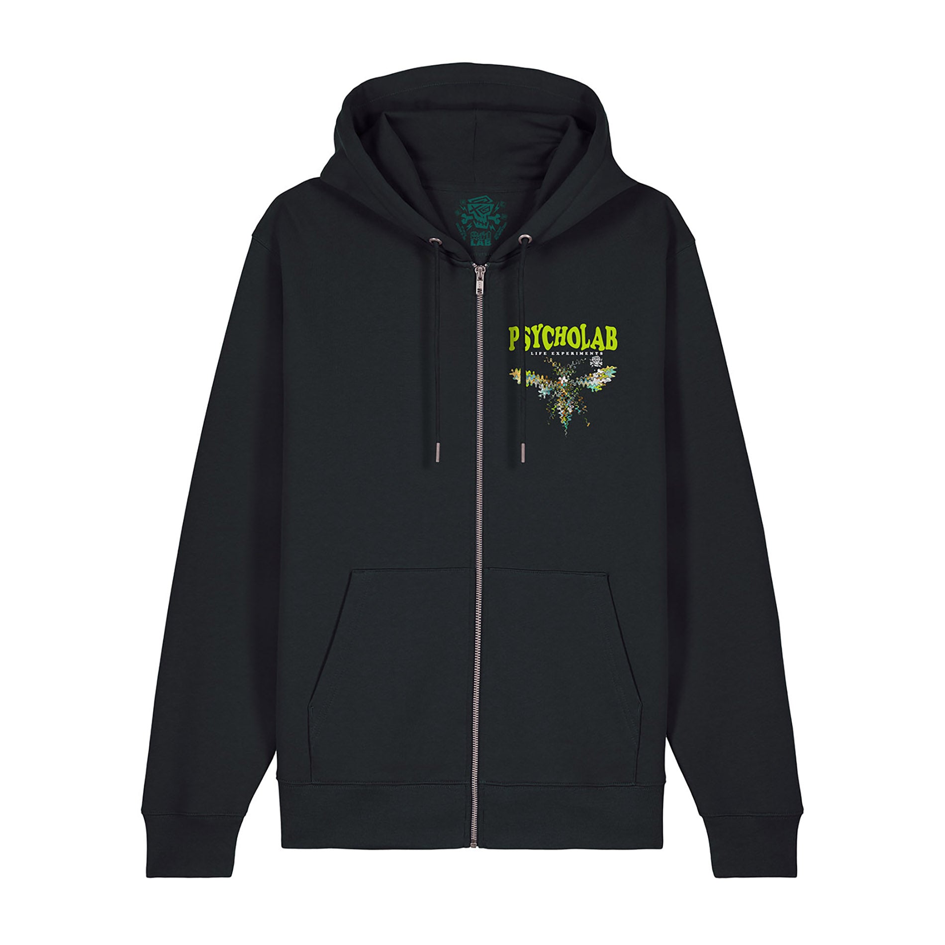 PsychoLab Zip Hoodie Anamorphic schwarz mit grün-gelbem PsychoLab-Logo und Reißverschluss, Streetwear