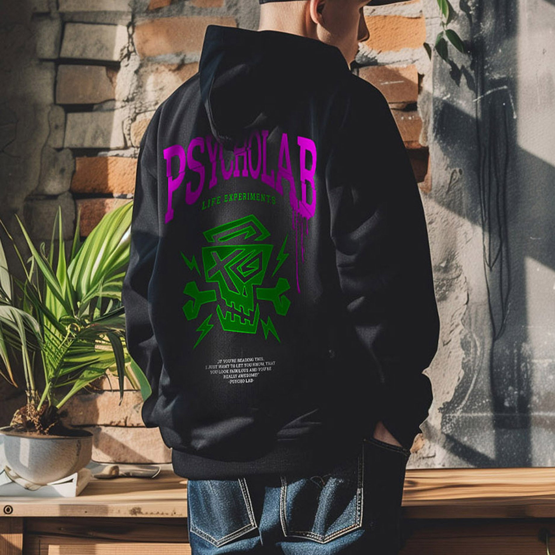 Mann trägt PsychoLab Zip Hoodie Experiments in Schwarz mit großem pink-grünem Grafikdruck hinten