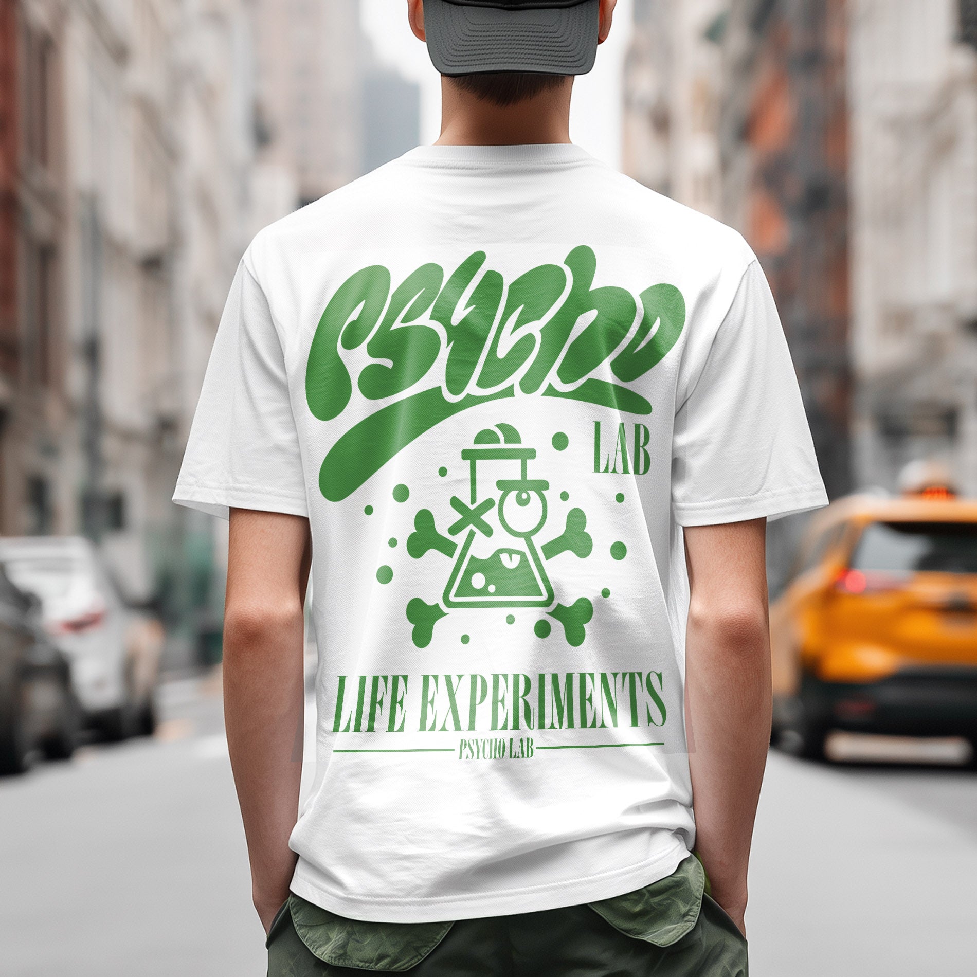 Eine Person trägt das T-Shirt Freak White von PsychoLab, das auf der Rückseite mit einem auffälligen grünen Print 'LIFE EXPERIMENTS' und einem stylischen Logo gestaltet ist. Das Shirt kombiniert urbanen Stil mit individualistischem Flair und ist aus 100 % biologisch angebauter Baumwolle gefertigt.