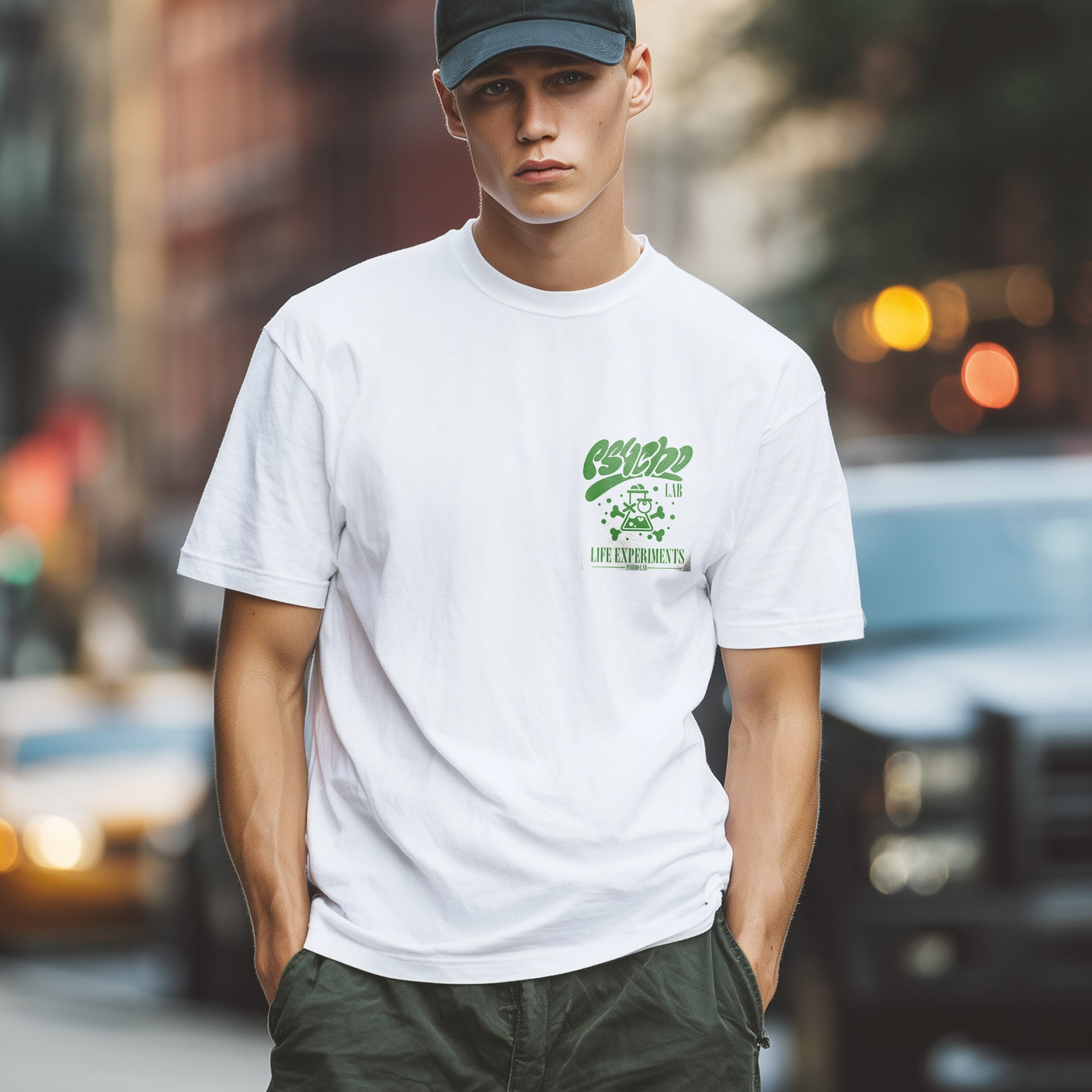 Modischer junger Mann in einem weißen T-Shirt Freak White von PsychoLab, präsentiert urbanen Stil mit lässigem Look auf einer Straße.