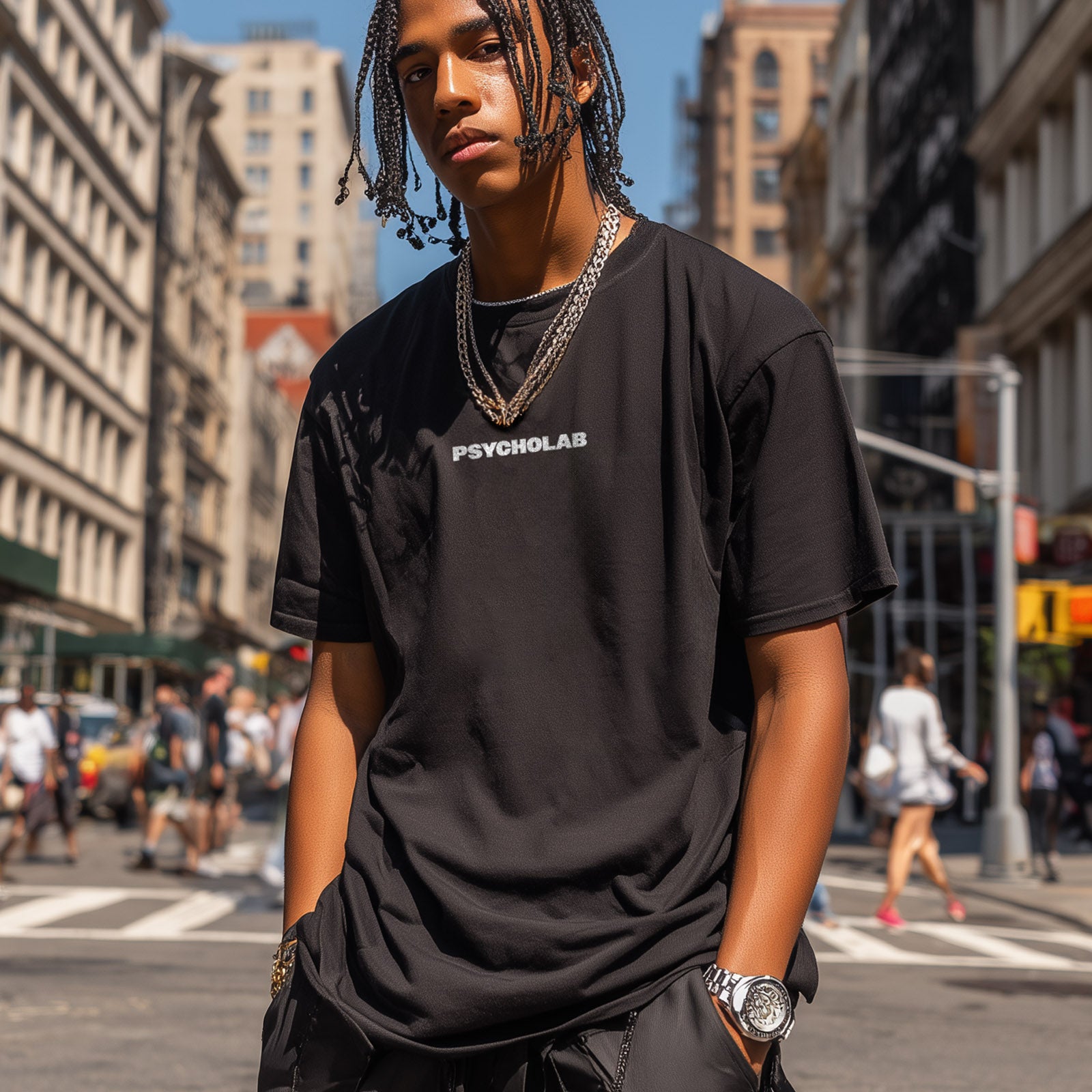 Modisches Black T-Shirt von PsychoLab auf einer belebten Straße, ideal für urbanen Streetwear-Look, psycholab