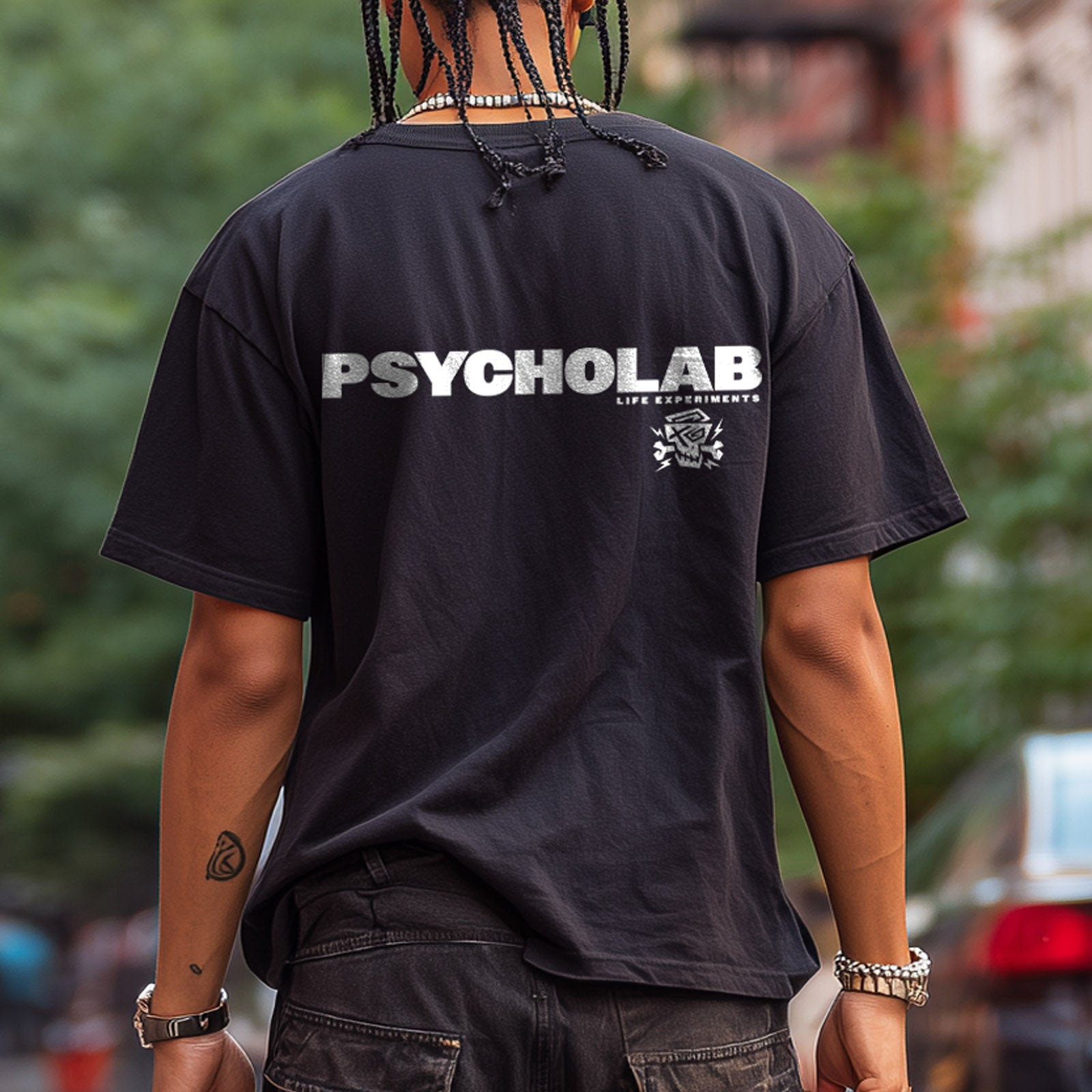 Rückansicht eines Trägers des Title T-Shirt Black von PsychoLab, das den auffälligen Schriftzug 'PSYCHOLAB' in urbanem Stil zeigt, ideal für Streetwear-Looks.