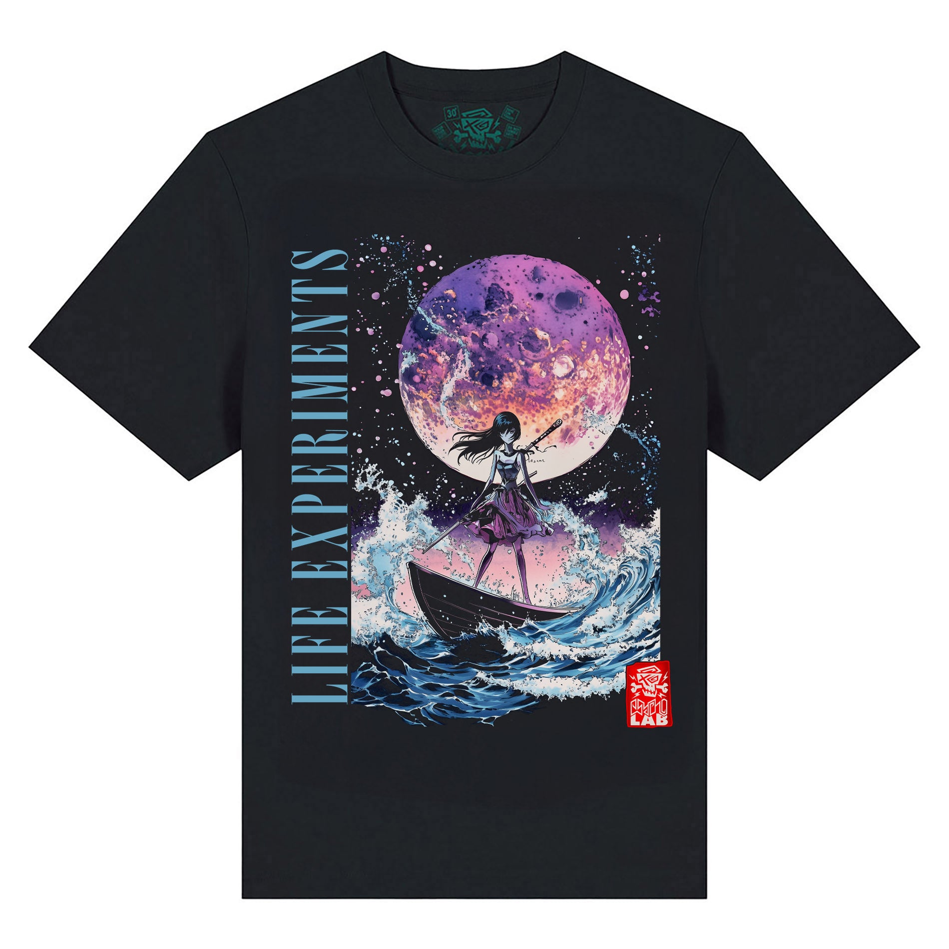 T-Shirt Sailor Girl von PsychoLab, zeigt eine moderne Sailor-Girl-Illustration auf schwarzem Hintergrund mit einem künstlerischen Weltraum-Thema.