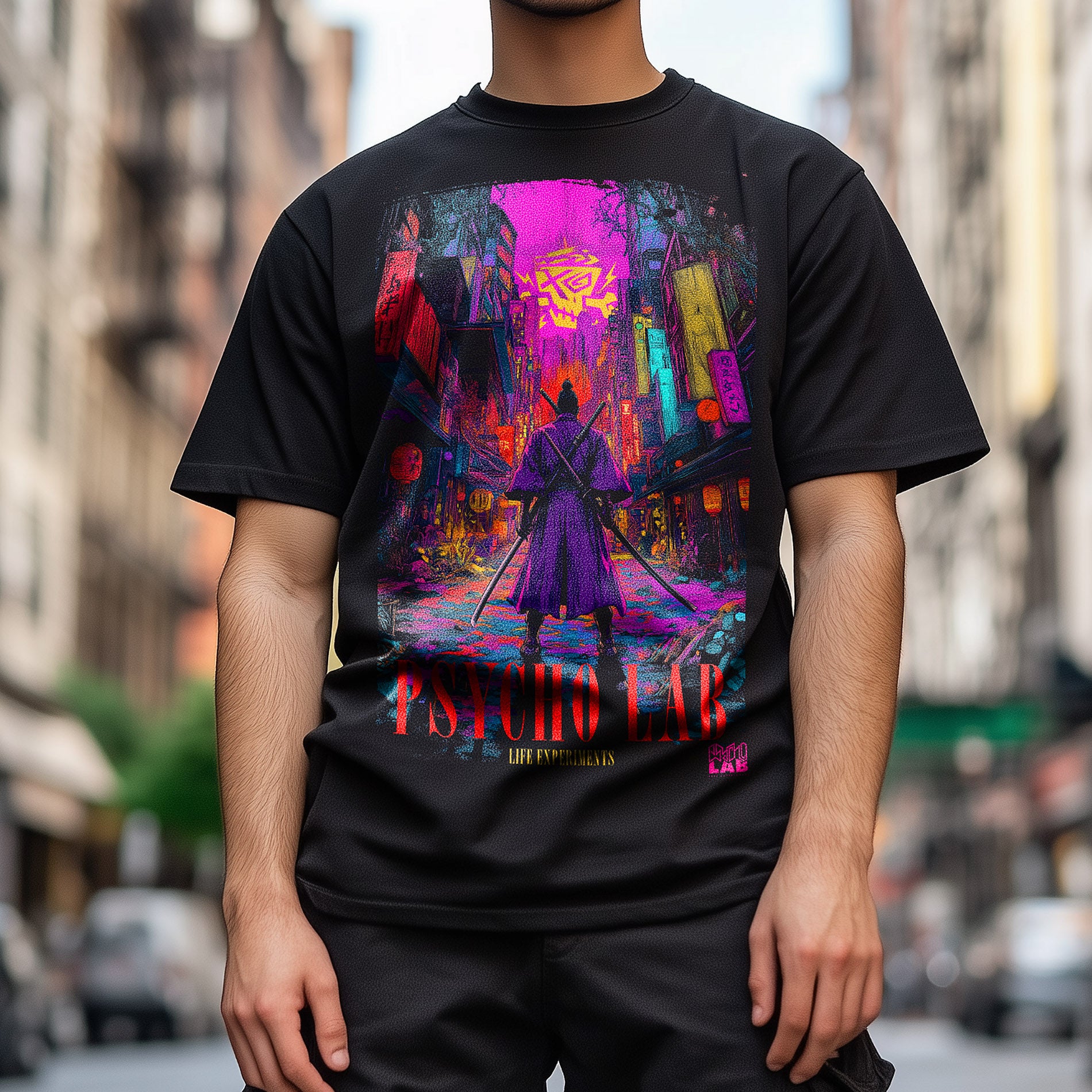 Das T-Shirt Samurai von PsychoLab wird von einem Modell getragen und zeigt ein lebhaftes Samurai-Motiv in einer urbanen Umgebung, ideal für Streetwear-Enthusiasten.
