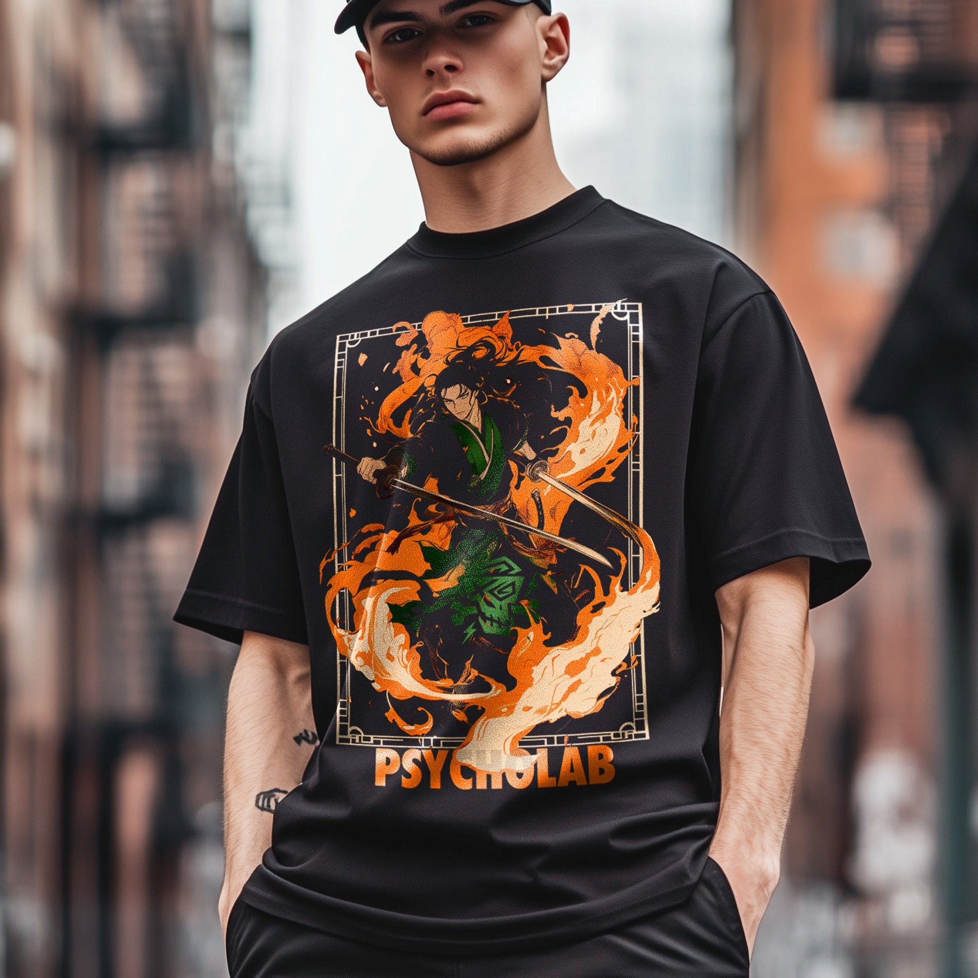 Ein junger Mann trägt das T-Shirt Fire von PsychoLab mit einem auffälligen Feuer-Motiv, das Energie und Leidenschaft ausstrahlt.