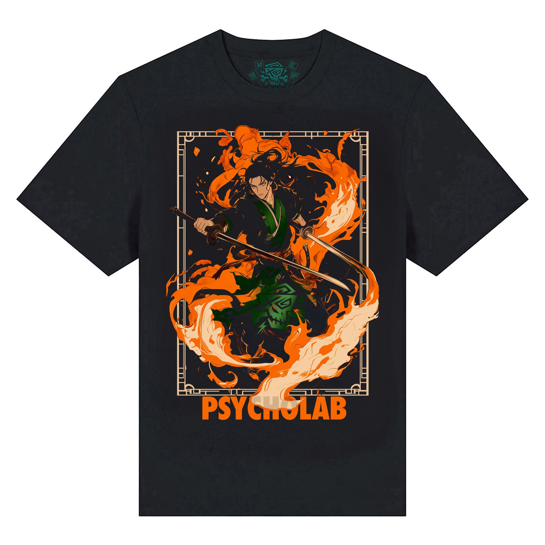 Das T-Shirt Fire von PsychoLab in Schwarz zeigt ein beeindruckendes Design mit einem feuerspeienden Charakter, der für Kraft und Urbanität steht.