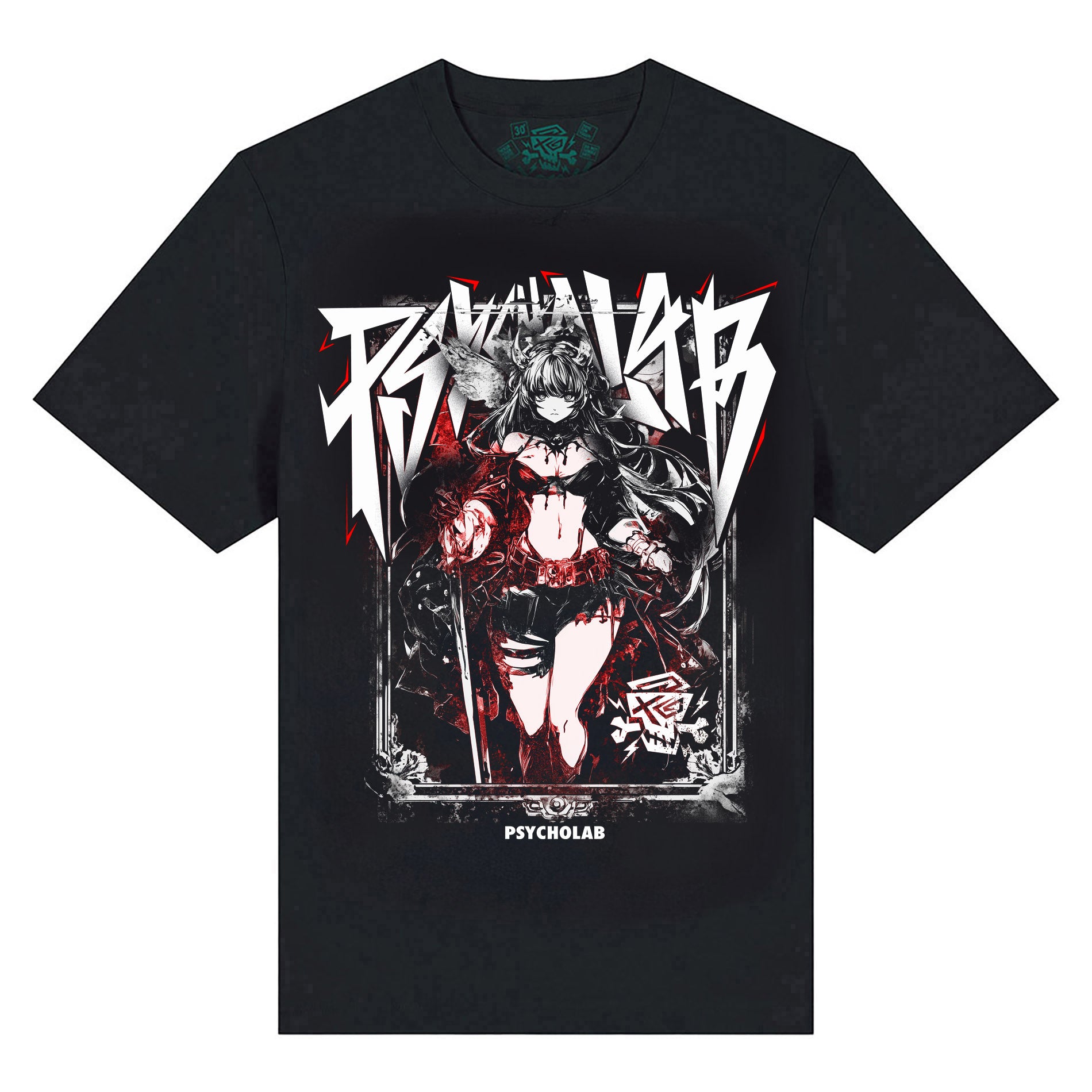 Das T-Shirt Slay von PsychoLab, in Schwarz, zeigt ein ausdruckstarkes Motiv auf einem weißen Hintergrund.