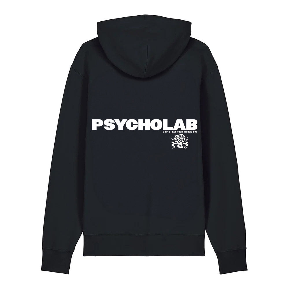 Rückansicht des Hoodie Title Black von PsychoLab mit großem Logo auf dem Rücken, ideal für einen urbanen Look.