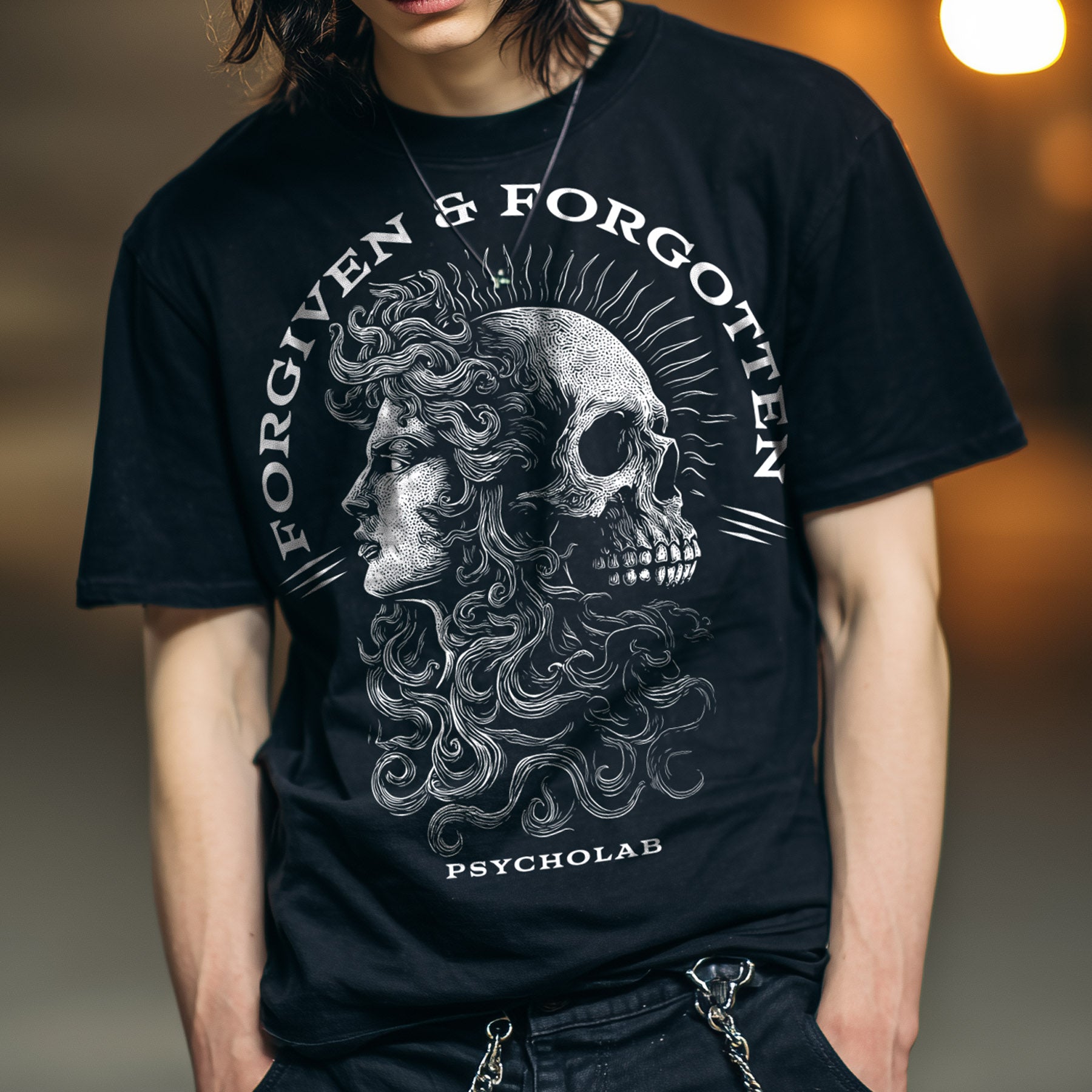 Forgiven Black Streetwear T-Shirt – Skull & Woman Artwork