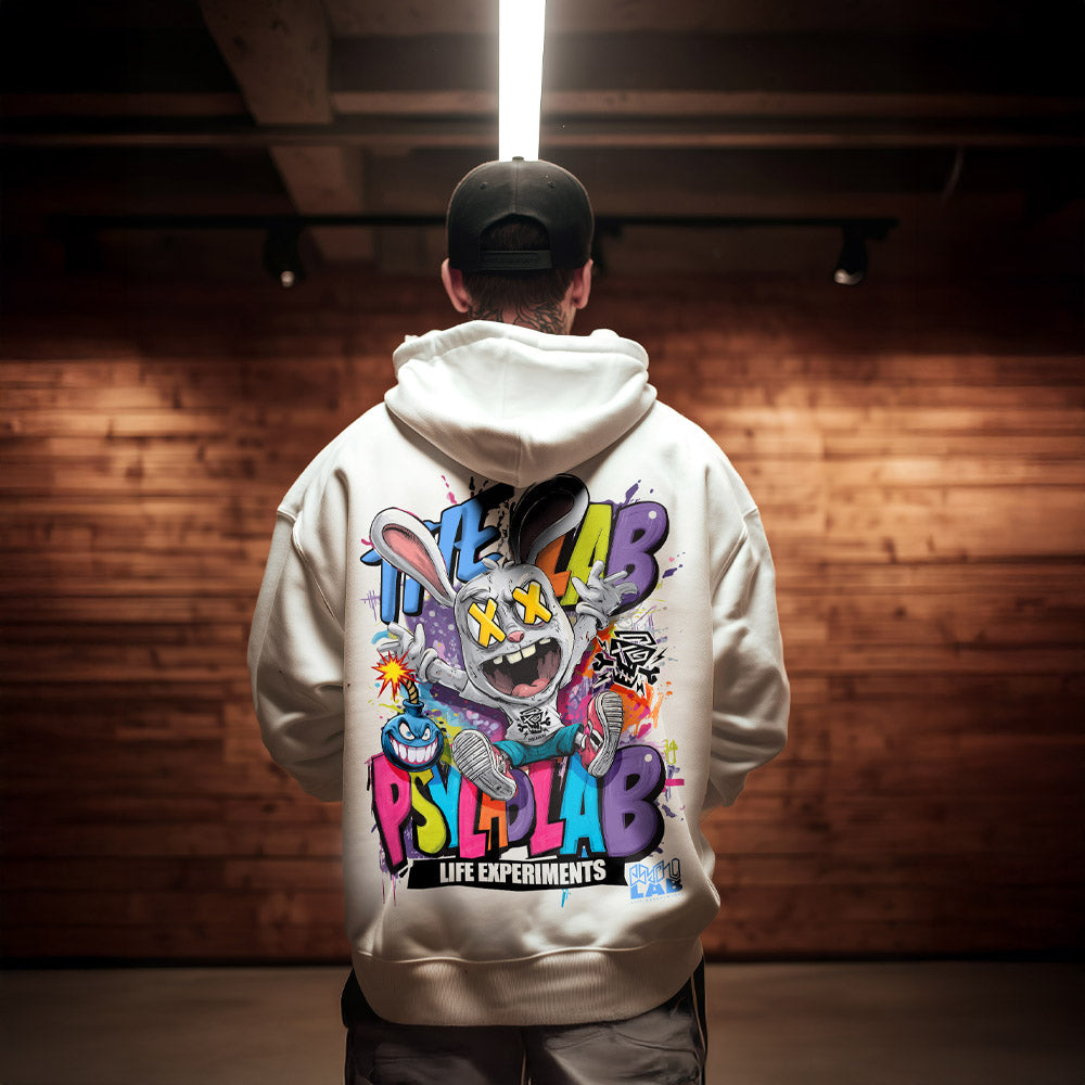 Rabbit Toon Hoodie White – Graffiti Streetwear aus Bio-Baumwolle