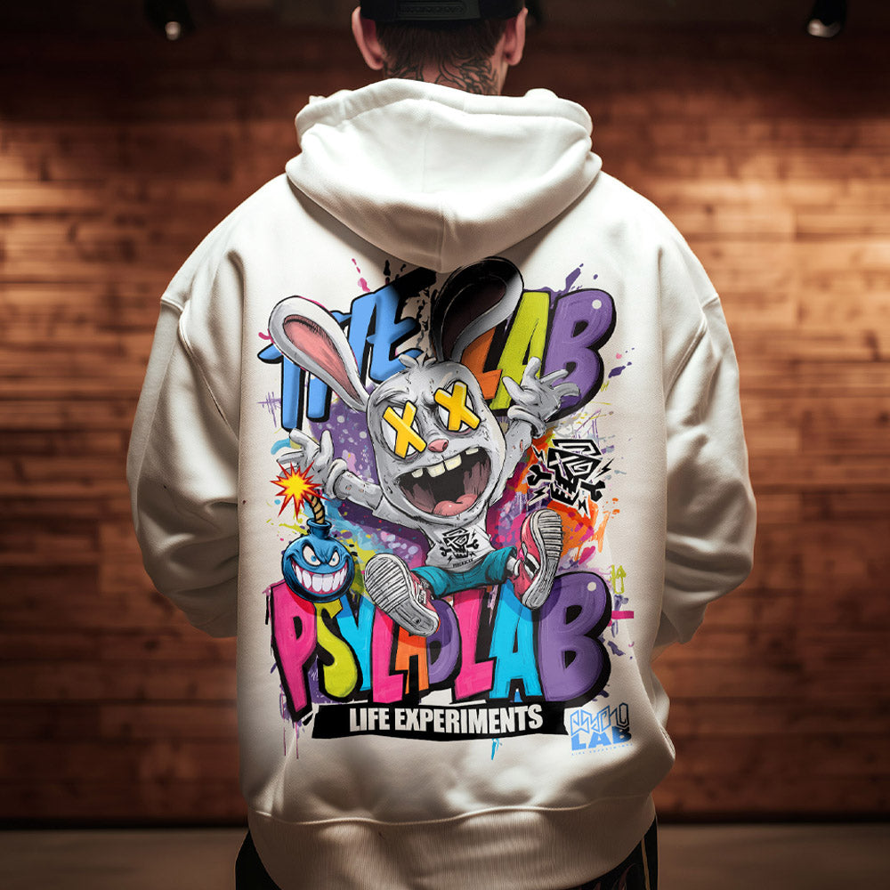 Rabbit Toon Hoodie White – Graffiti Streetwear aus Bio-Baumwolle